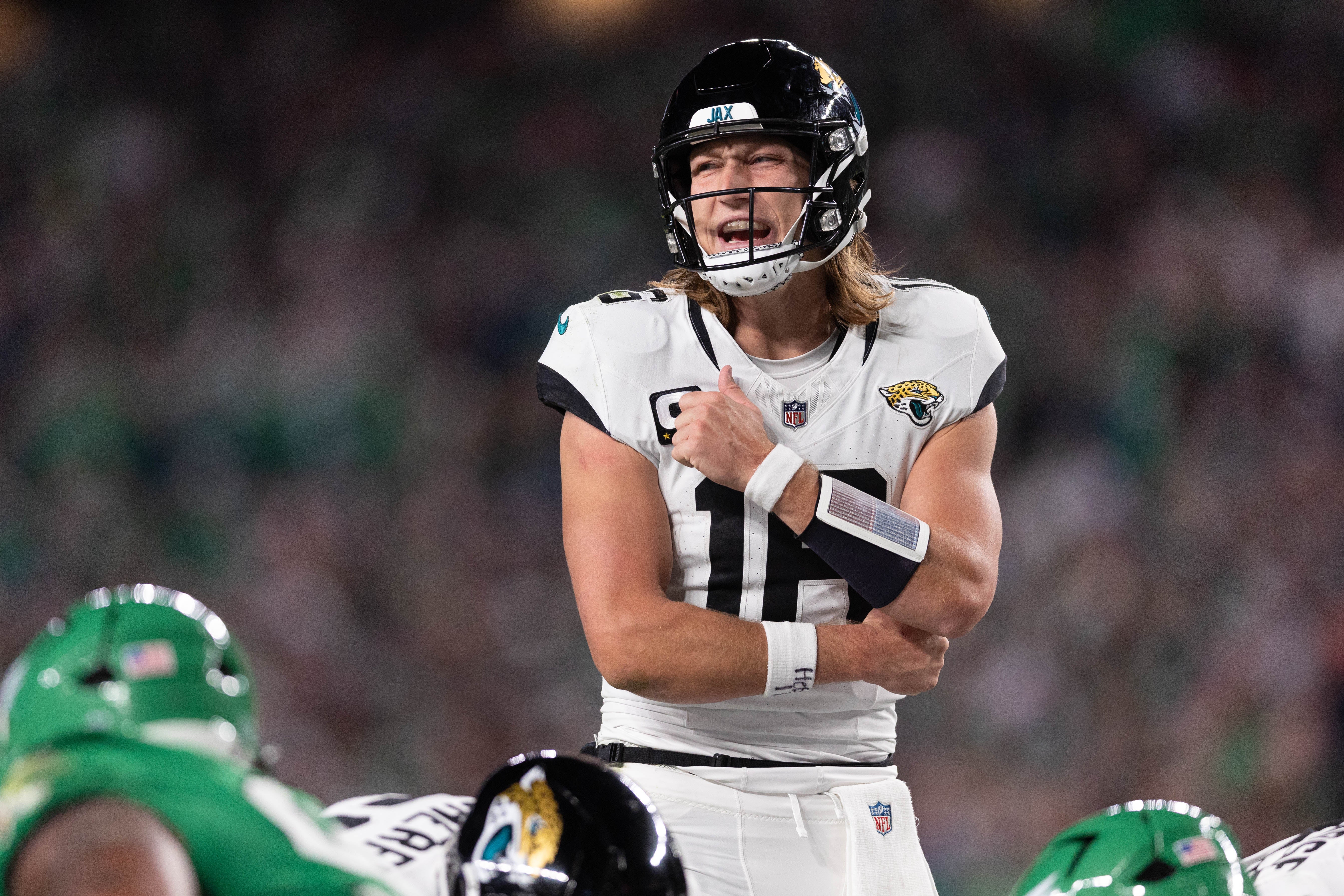 Nov 3, 2024; Philadelphia, Pennsylvania, USA; Jacksonville Jaguars quarterback Trevor Lawrence (16) calls a play during the third quarter against the Philadelphia Eagles at Lincoln Financial Field.