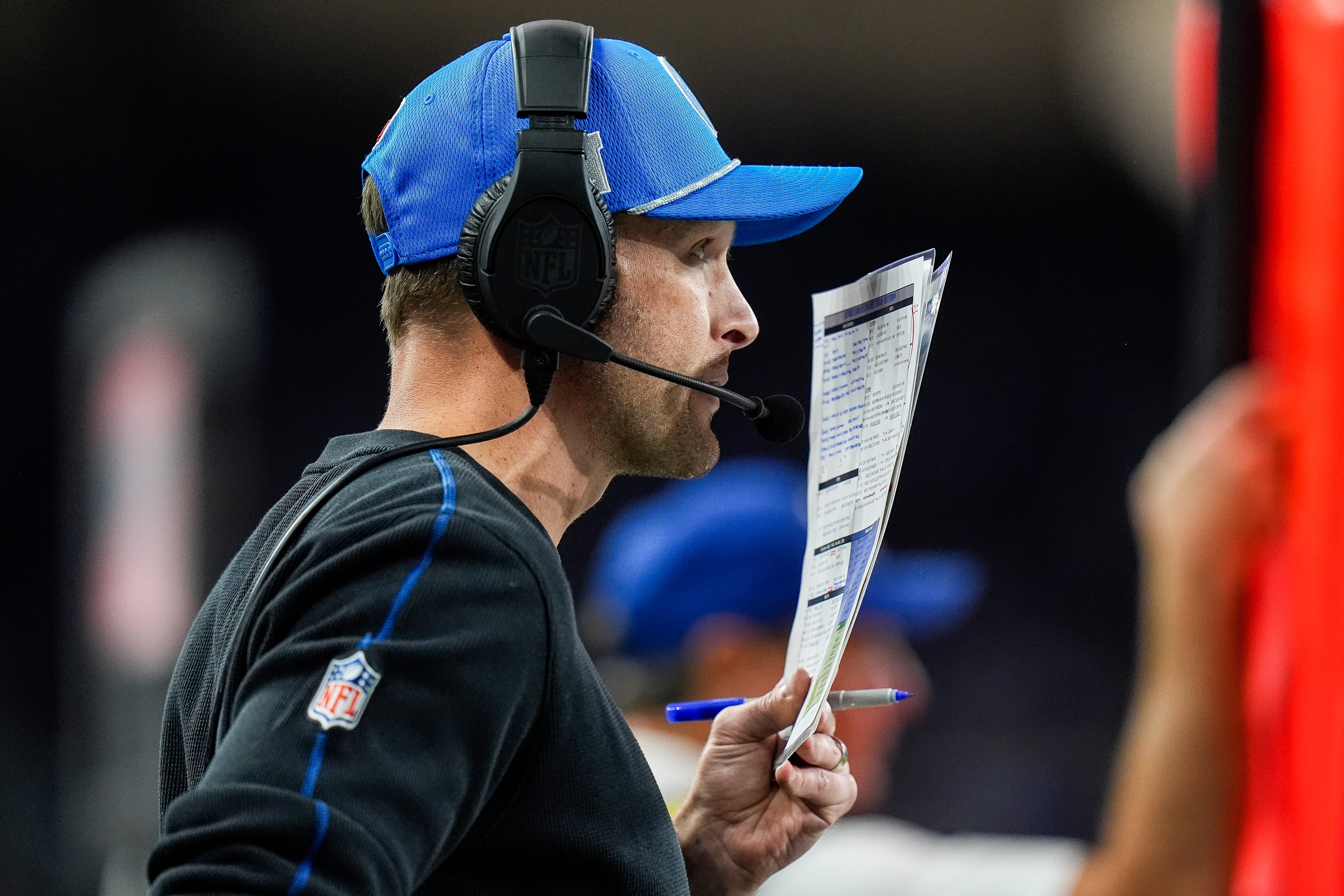 Detroit Lions offensive coordinator Ben Johnson watches a play against Tennessee Titans during the second half at Ford Field in Detroit on Sunday, Oct. 27, 2024.