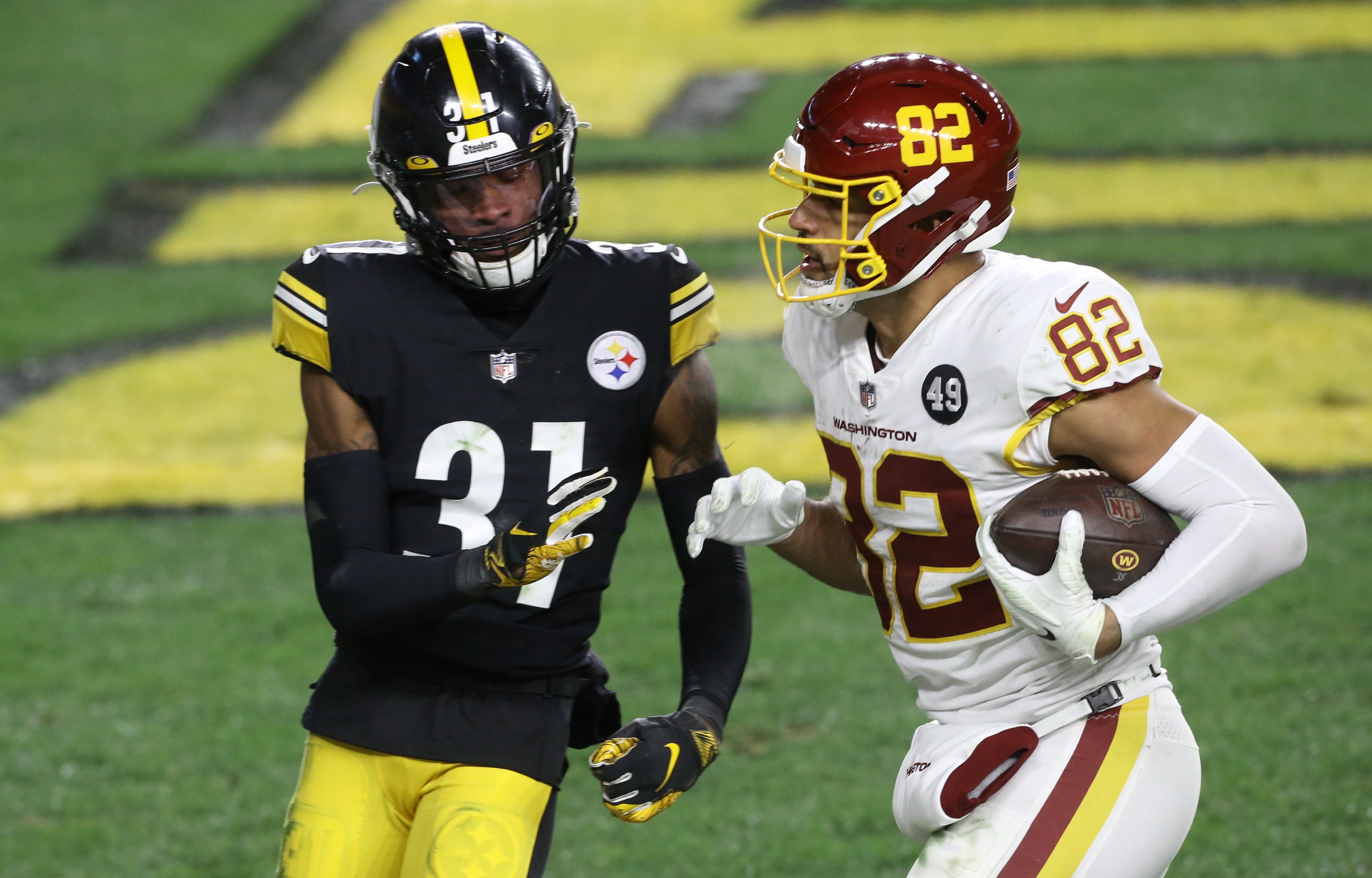 Dec 7, 2020; Pittsburgh, Pennsylvania, USA; Pittsburgh Steelers cornerback Justin Layne (31) reacts after Washington Football Team tight end Logan Thomas (82) scores a touchdown during the fourth quarter at Heinz Field. Washington won 23-17.