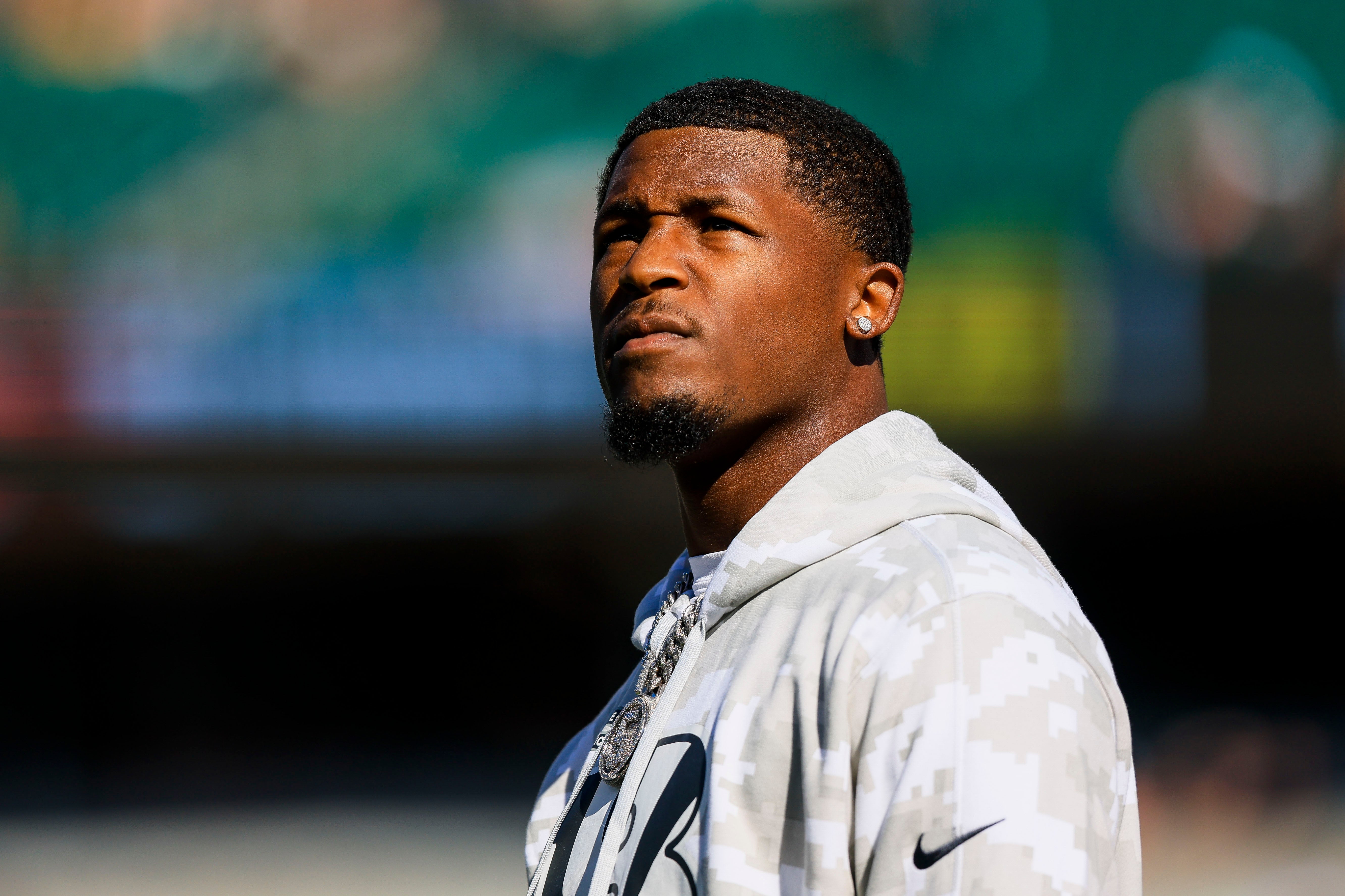 Nov 3, 2024; Cincinnati, Ohio, USA; Cincinnati Bengals wide receiver Tee Higgins (5) stands on the field during warmups before the game against the Las Vegas Raiders at Paycor Stadium.