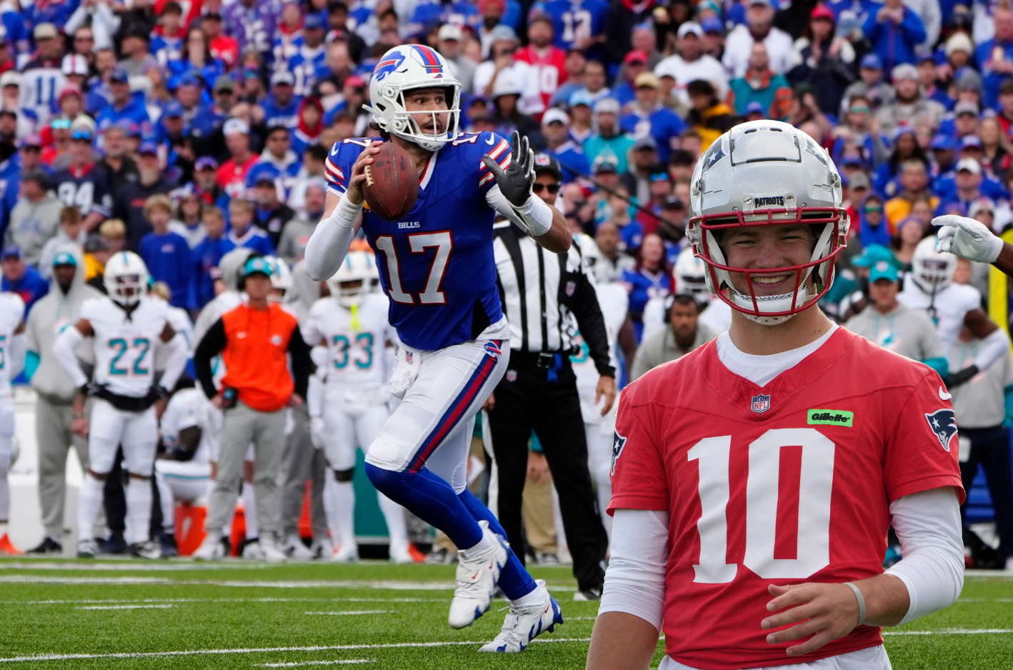 Oct 18, 2024; London, United Kingdom; New England Patriots quarterback Drake Maye (10) during practice at the Harrow School. | Nov 3, 2024; Orchard Park, New York, USA; Buffalo Bills quarterback Josh Allen (17) looks to throw the ball against the Miami Dolphins during the second half at Highmark Stadium.