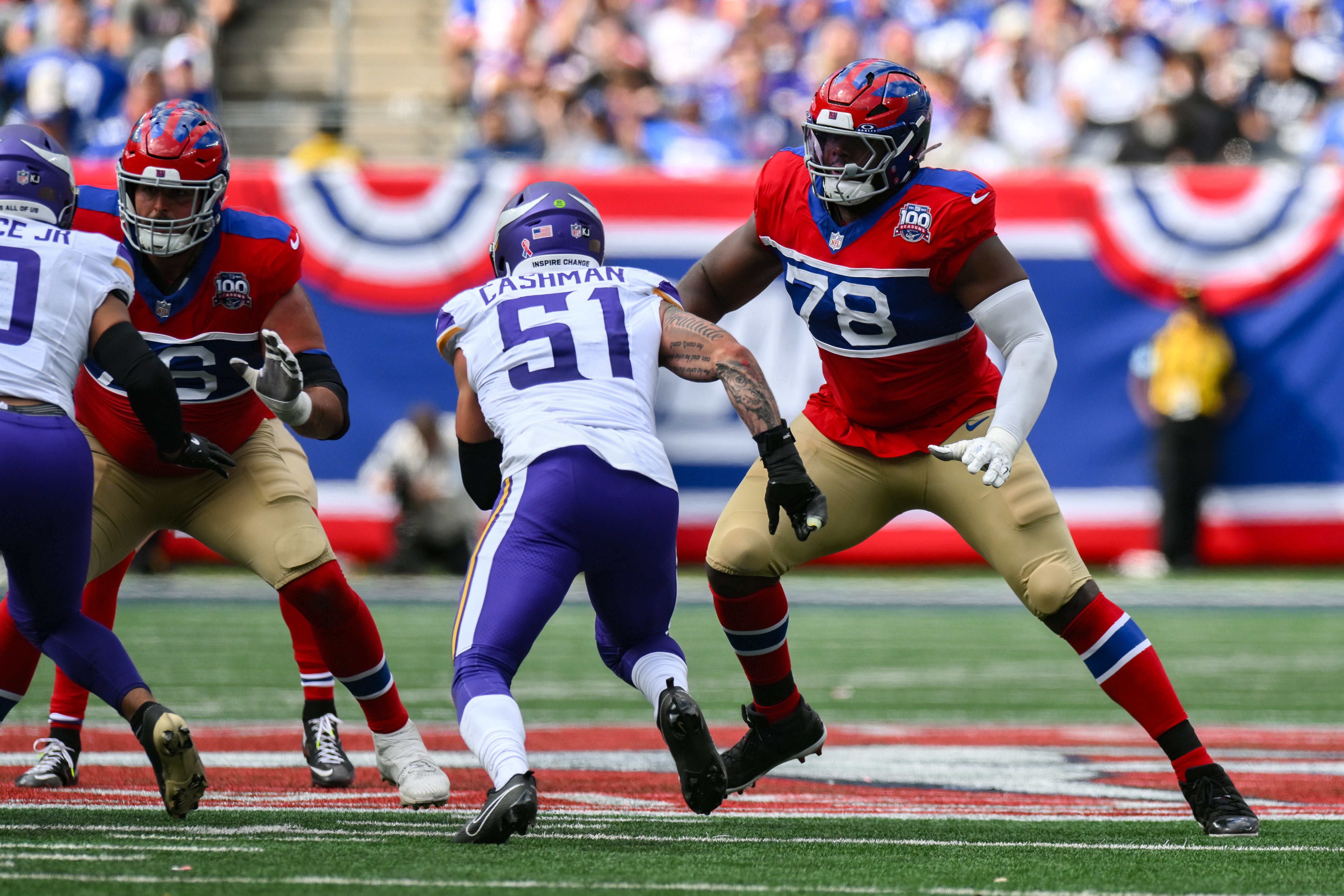 Sep 8, 2024; East Rutherford, New Jersey, USA; New York Giants offensive tackle Andrew Thomas (78) pass protects against Minnesota Vikings linebacker Blake Cashman (51) during the second half at MetLife Stadium.
