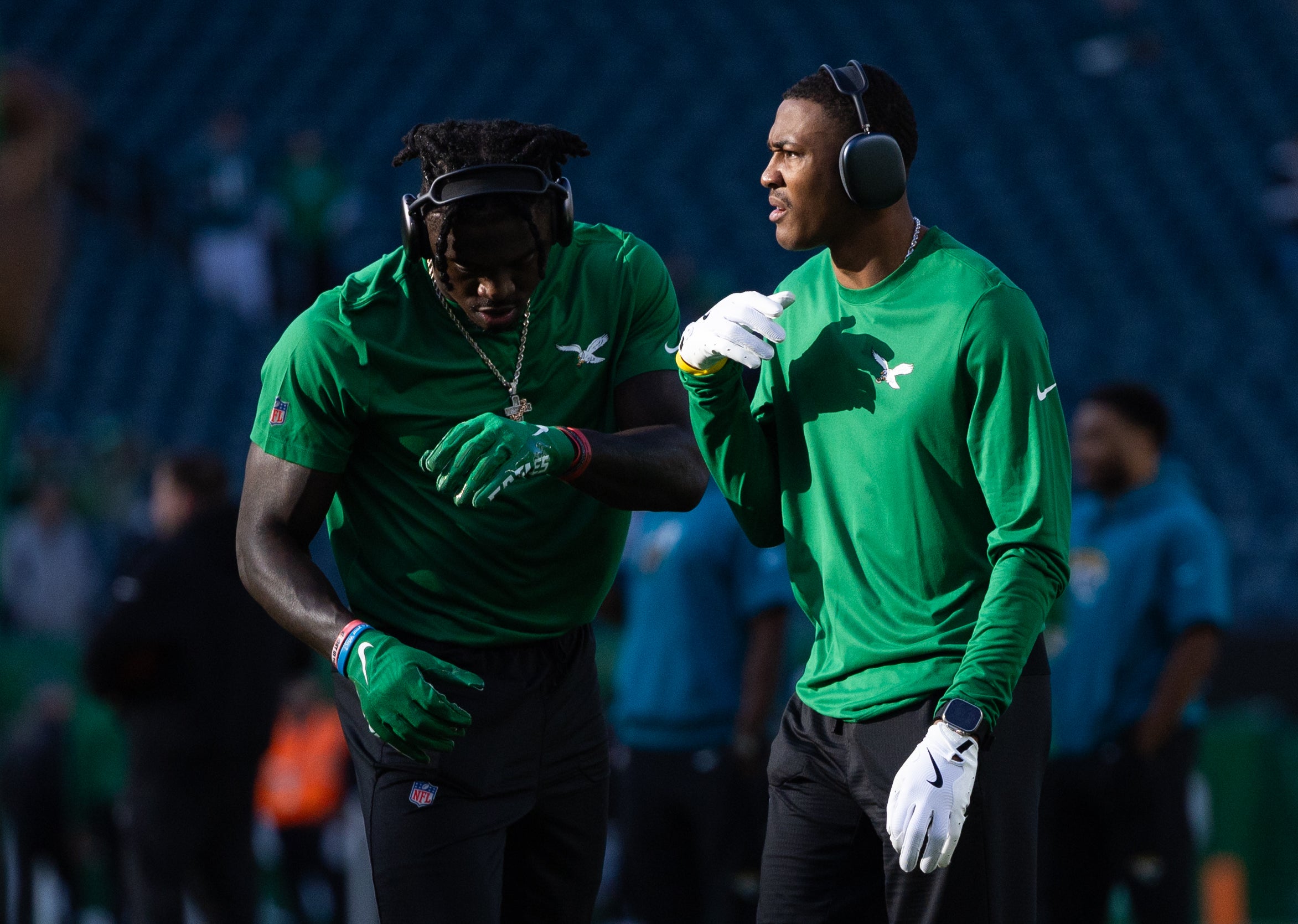 Philadelphia Eagles wide receivers A.J. Brown (L) and DeVonta Smith (R) warm up before action against the Jacksonville Jaguars at Lincoln Financial Field.