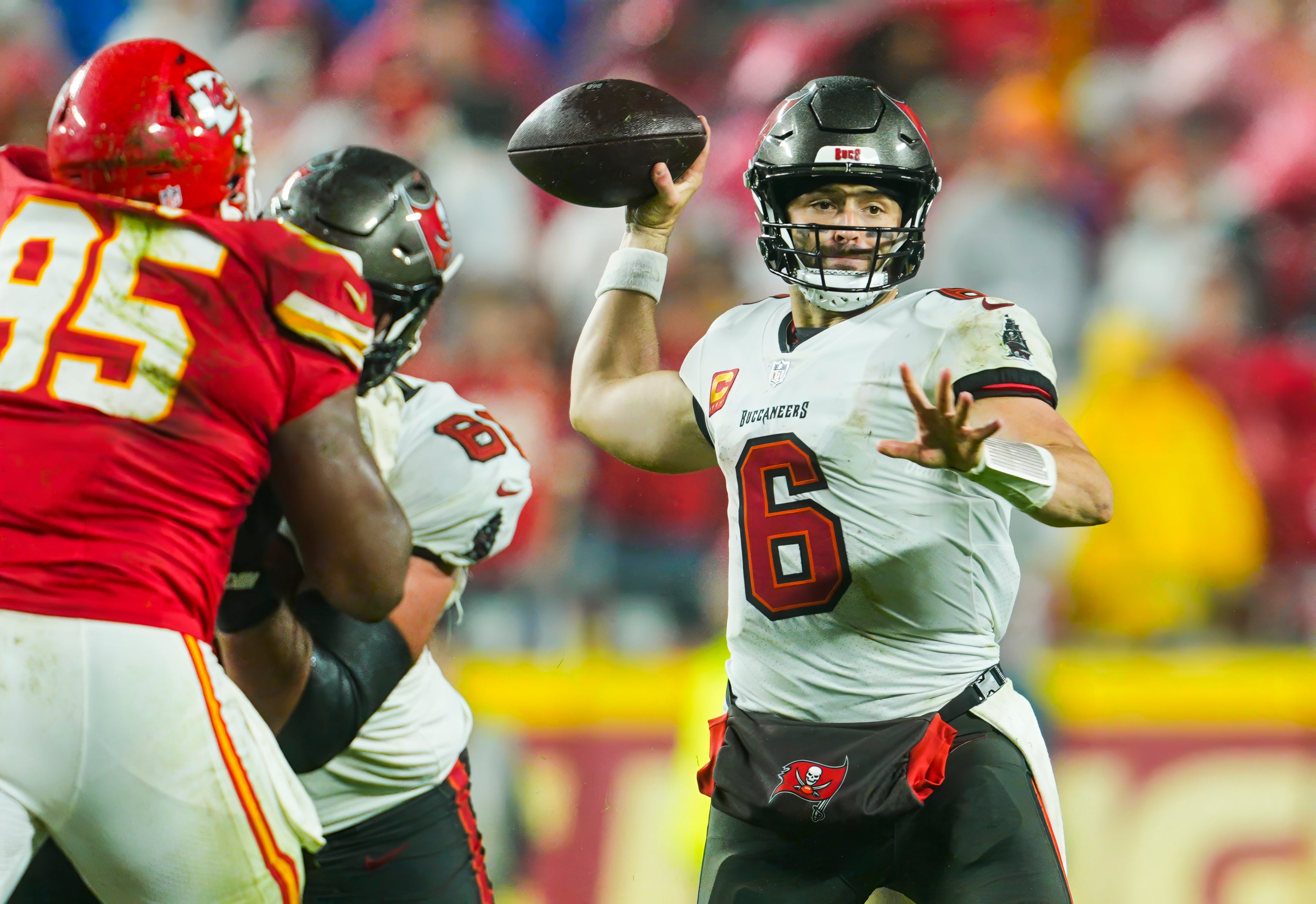 Nov 4, 2024; Kansas City, Missouri, USA; Tampa Bay Buccaneers quarterback Baker Mayfield (6) throws a pass during the second half against the Kansas City Chiefs at GEHA Field at Arrowhead Stadium.