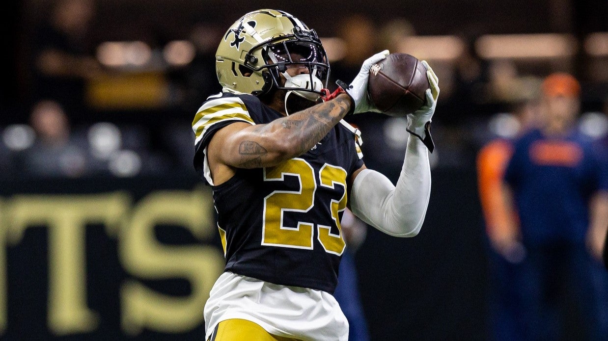Oct 17, 2024; New Orleans, Louisiana, USA; New Orleans Saints cornerback Marshon Lattimore (23) during the warmups before the game against the Denver Broncos at Caesars Superdome.