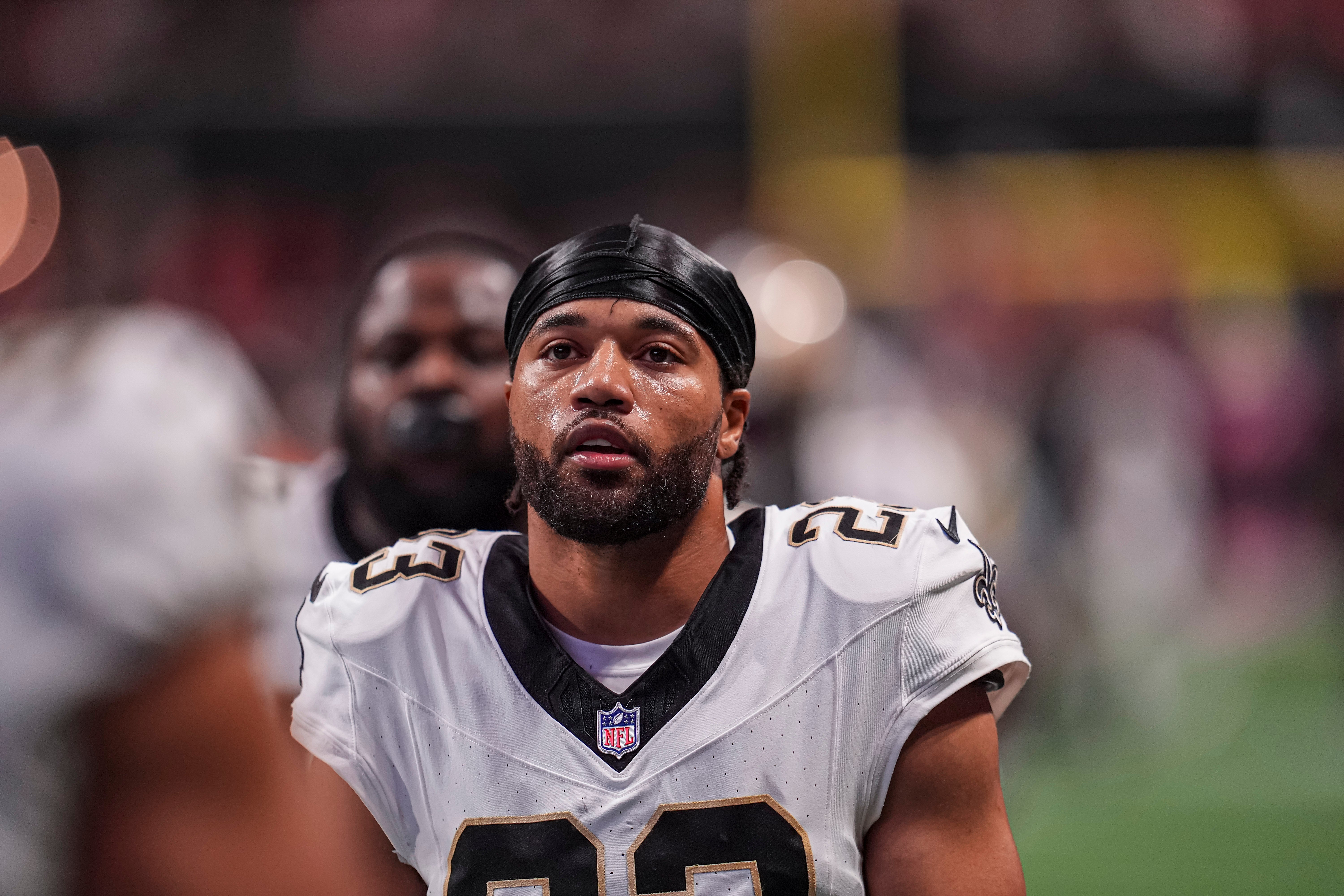 Sep 29, 2024; Atlanta, Georgia, USA; New Orleans Saints cornerback Marshon Lattimore (23) on the field against the Atlanta Falcons at Mercedes-Benz Stadium.