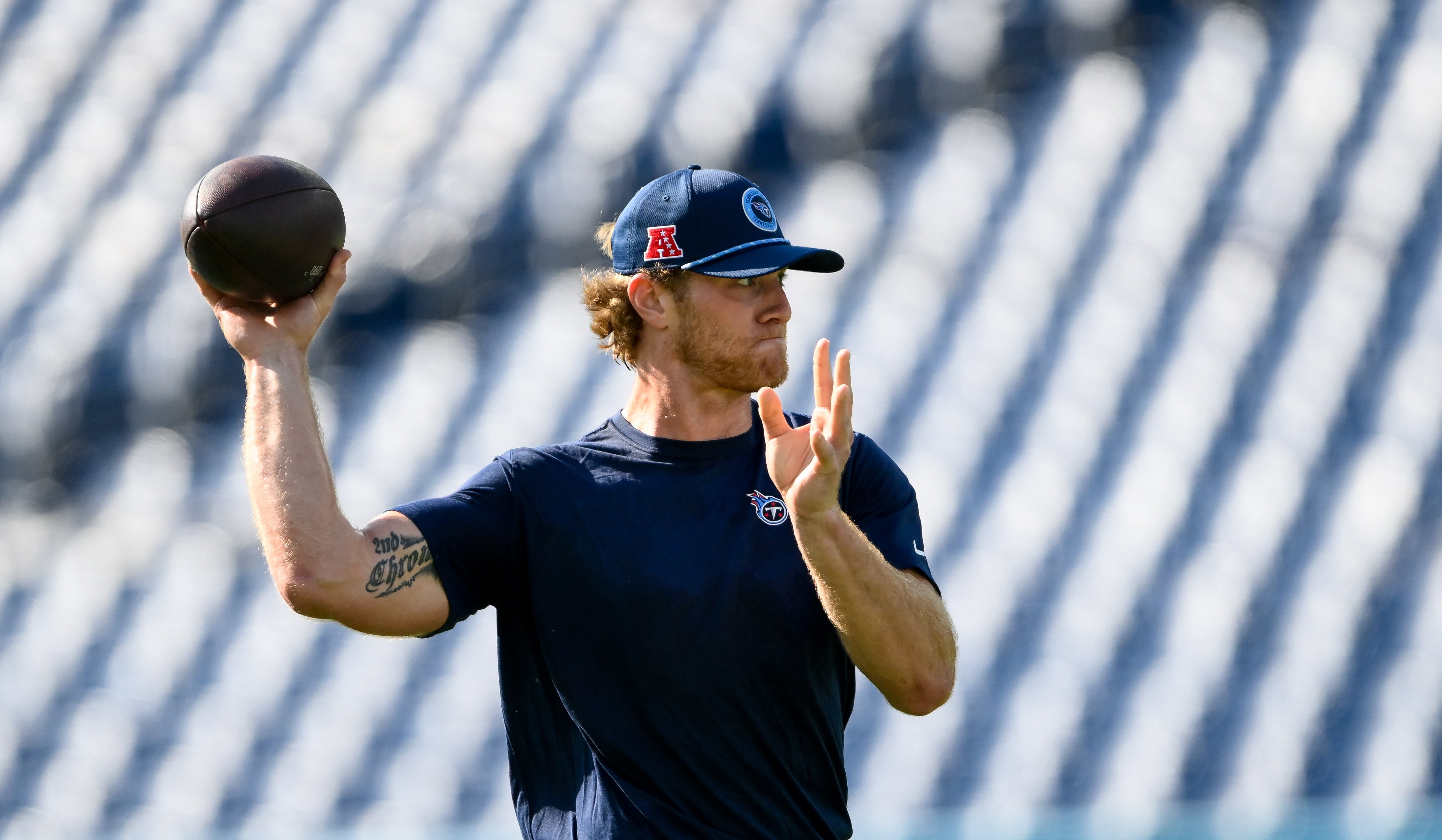 Tennessee Titans quarterback Will Levis (8) warms up before a game against the New England Patriots at Nissan Stadium. Steve Roberts-Imagn Images 
