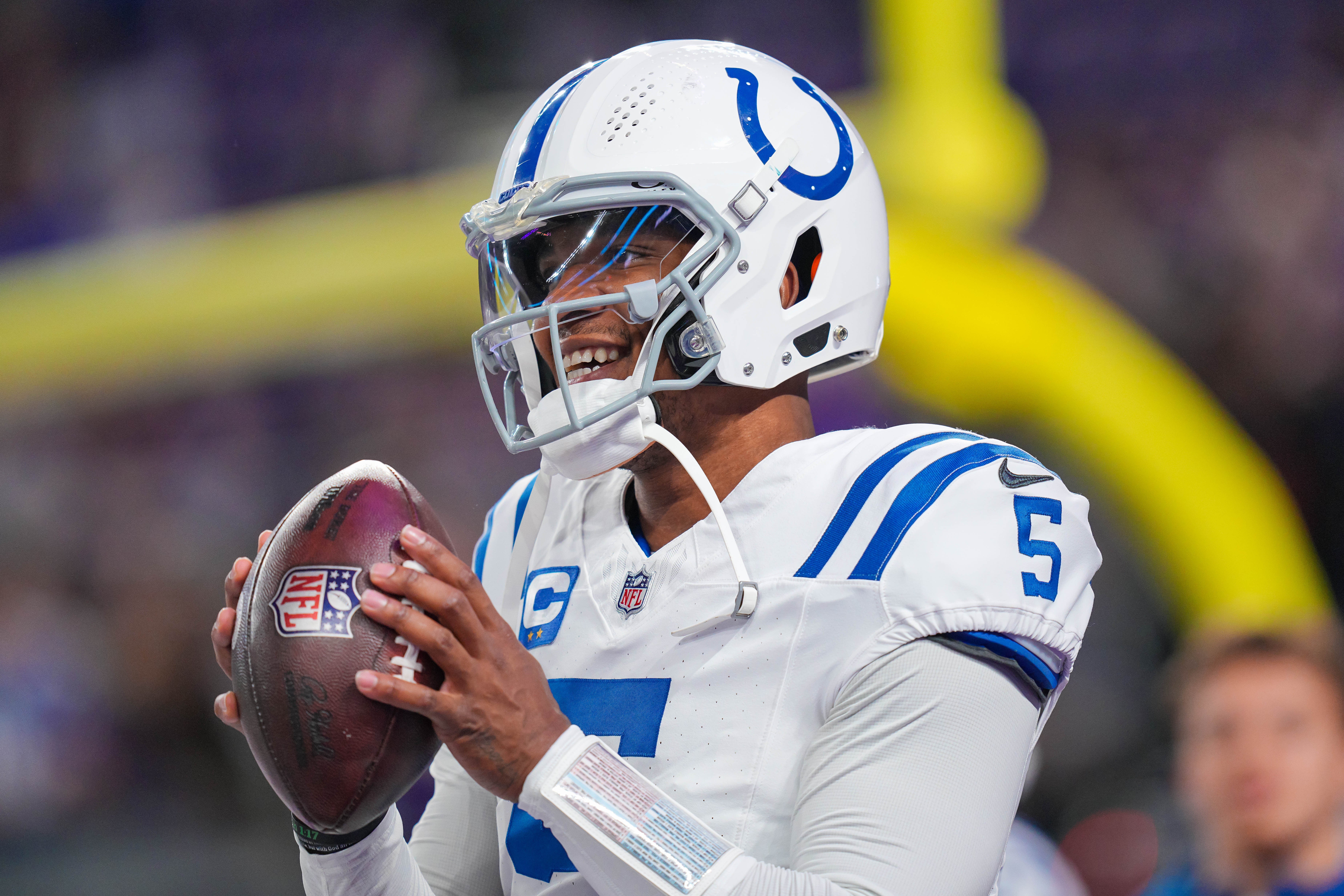 Nov 3, 2024; Minneapolis, Minnesota, USA; Indianapolis Colts quarterback Anthony Richardson (5) warms up before the game against the Minnesota Vikings at U.S. Bank Stadium.