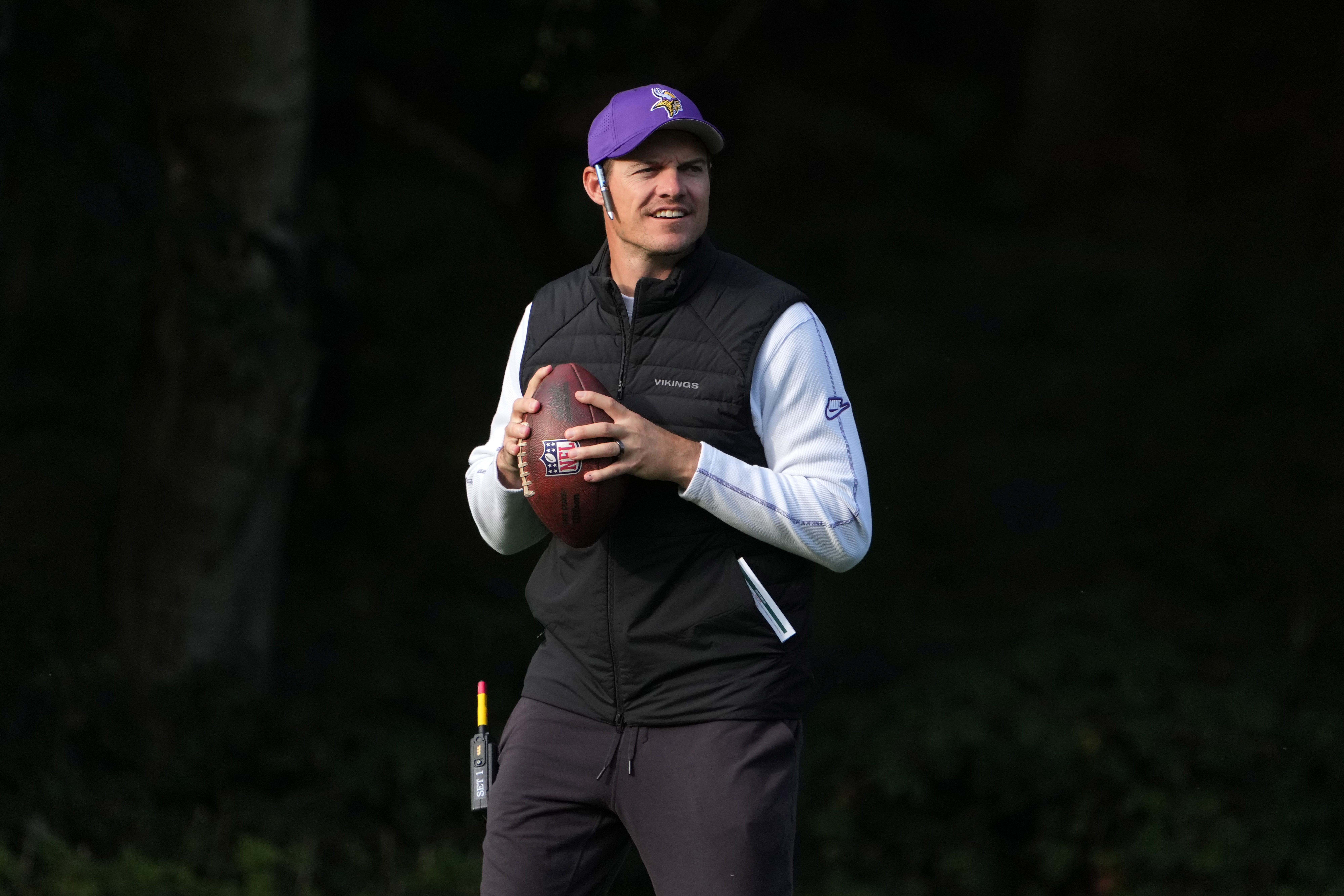 Oct 4, 2024; Watford, United Kingdom; Minnesota Vikings coach Kevin O'Connell throws the ball during practice at The Grove.