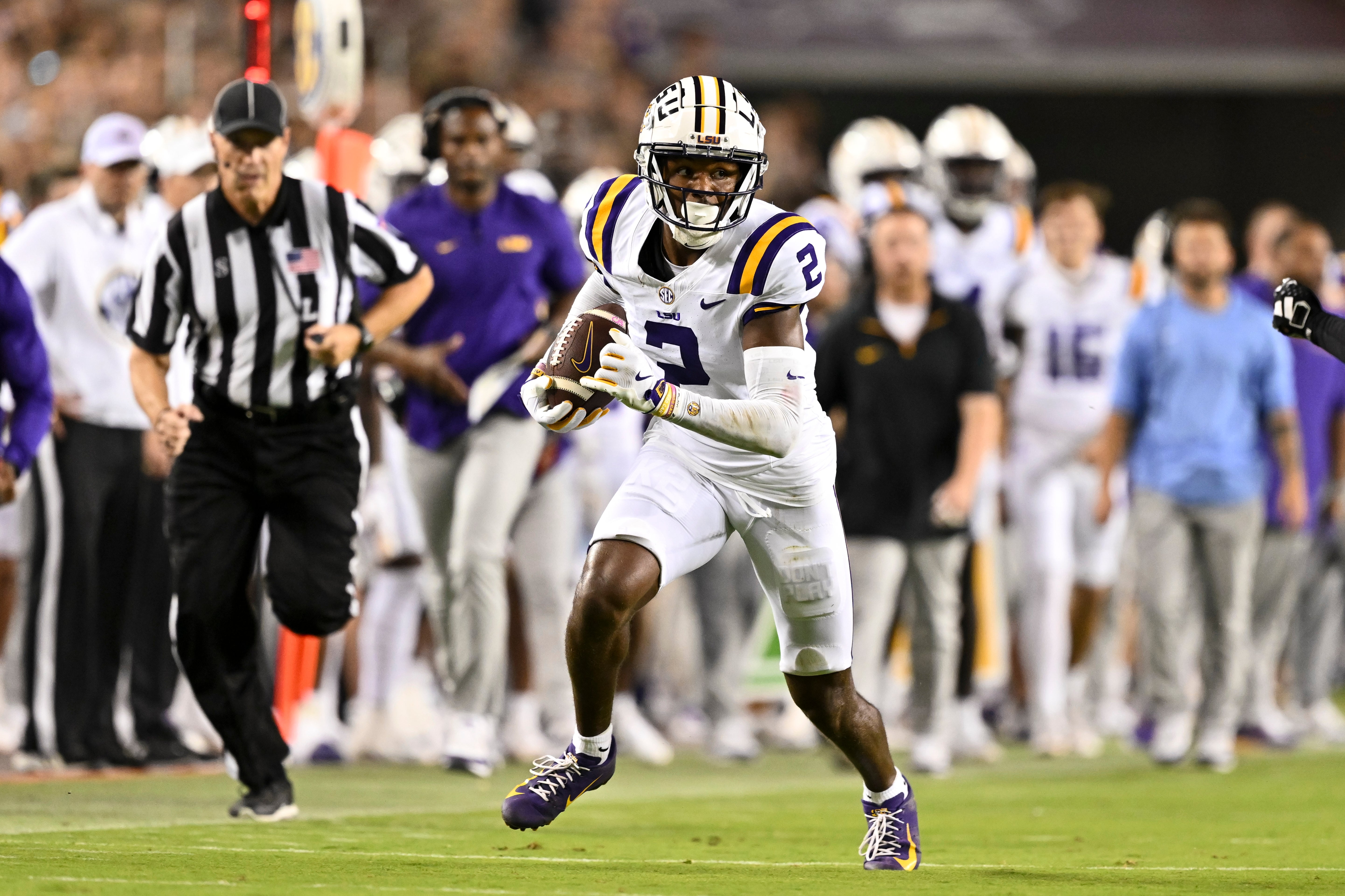 Oct 26, 2024; College Station, Texas, USA; LSU Tigers wide receiver Kyren Lacy (2) runs the ball during the second quarter against the Texas A&M Aggies. The Aggies defeated the Tigers 38-23; at Kyle Field.