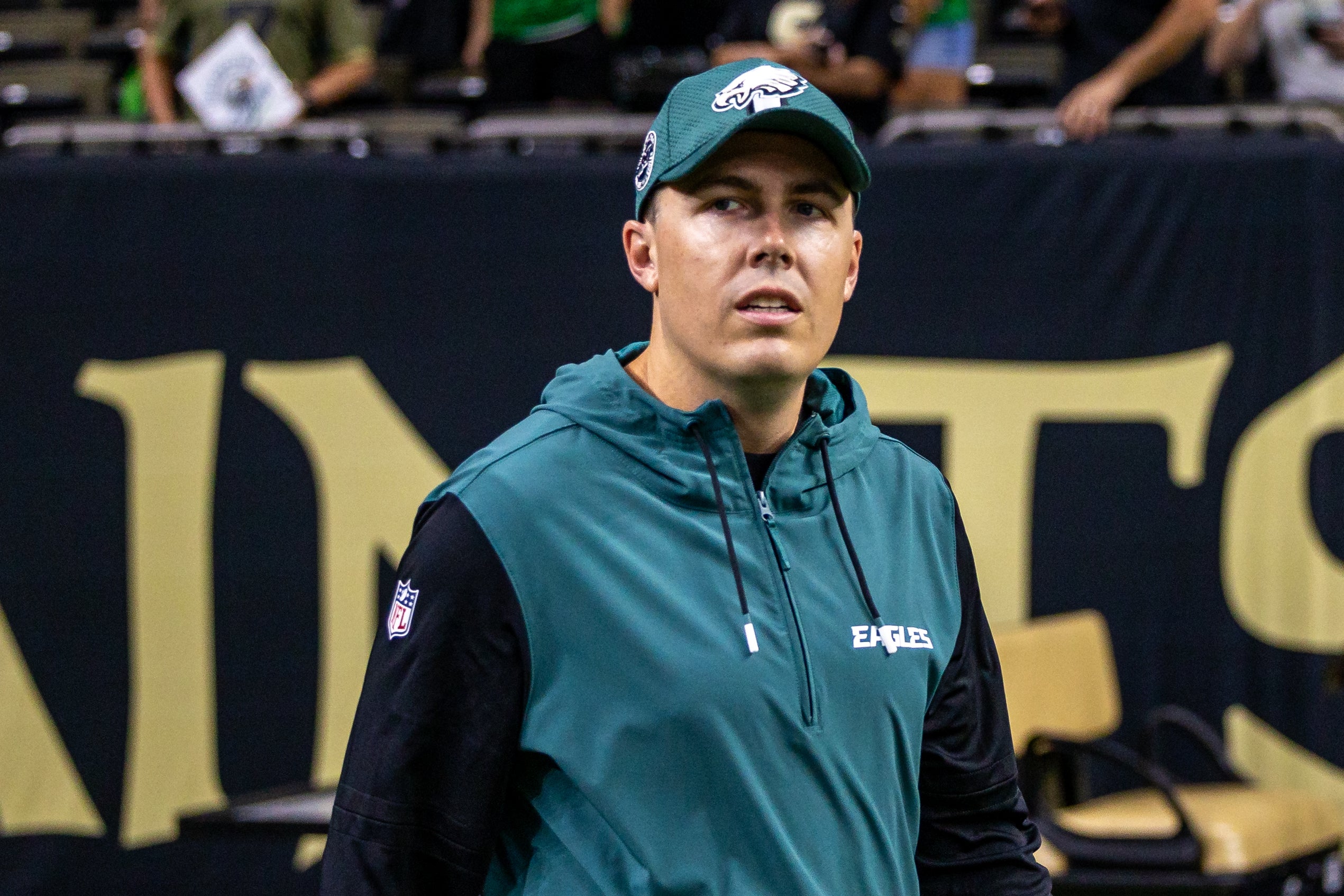 Philadelphia Eagles offensive coordinator Kellen Moore looks on during warmups before the game against the New Orleans Saints at Caesars Superdome.