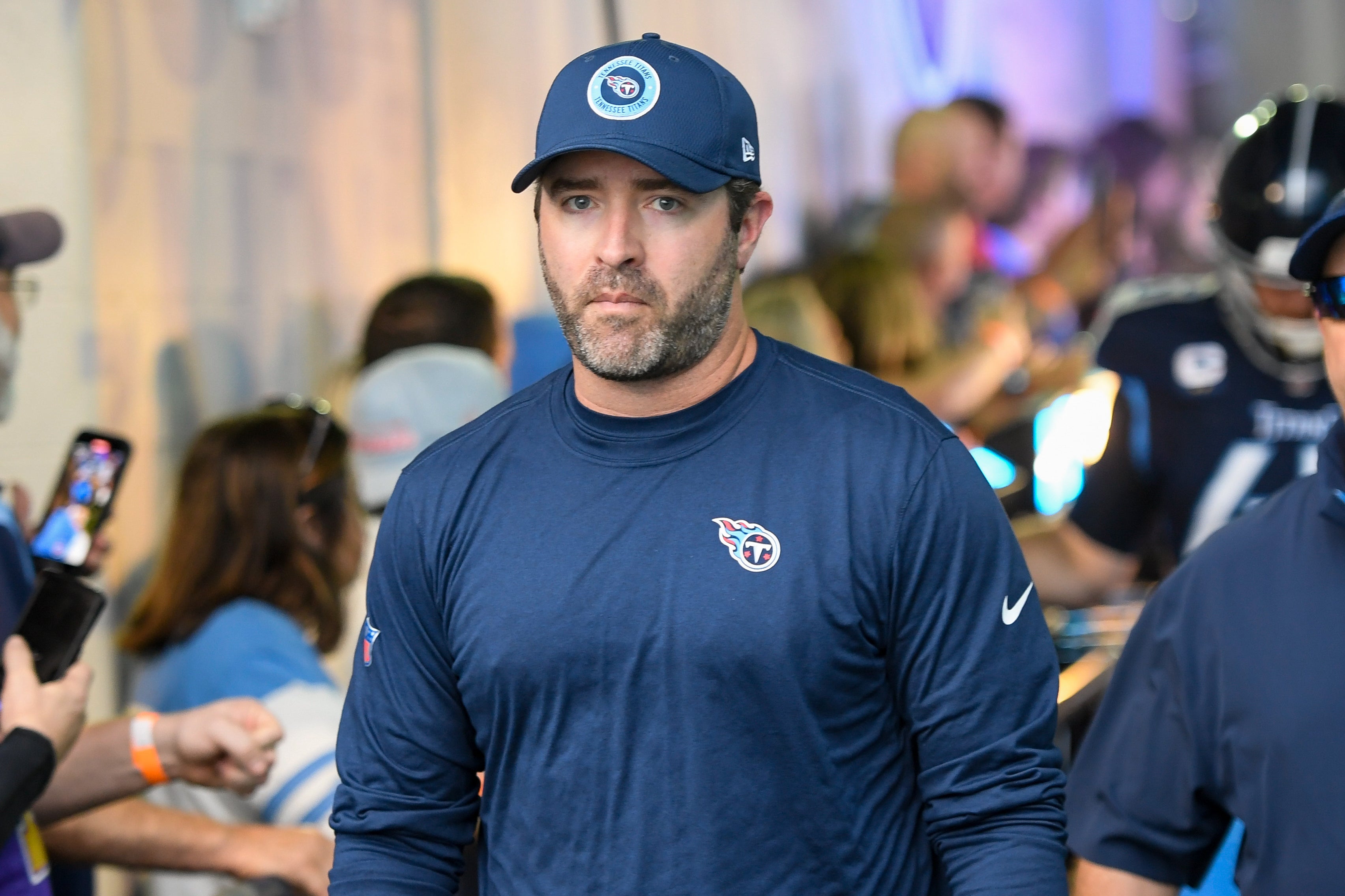 Tennessee Titans head coach Brian Callahan takes the field before a game against the New England Patriots at Nissan Stadium. Steve Roberts-Imagn Images
