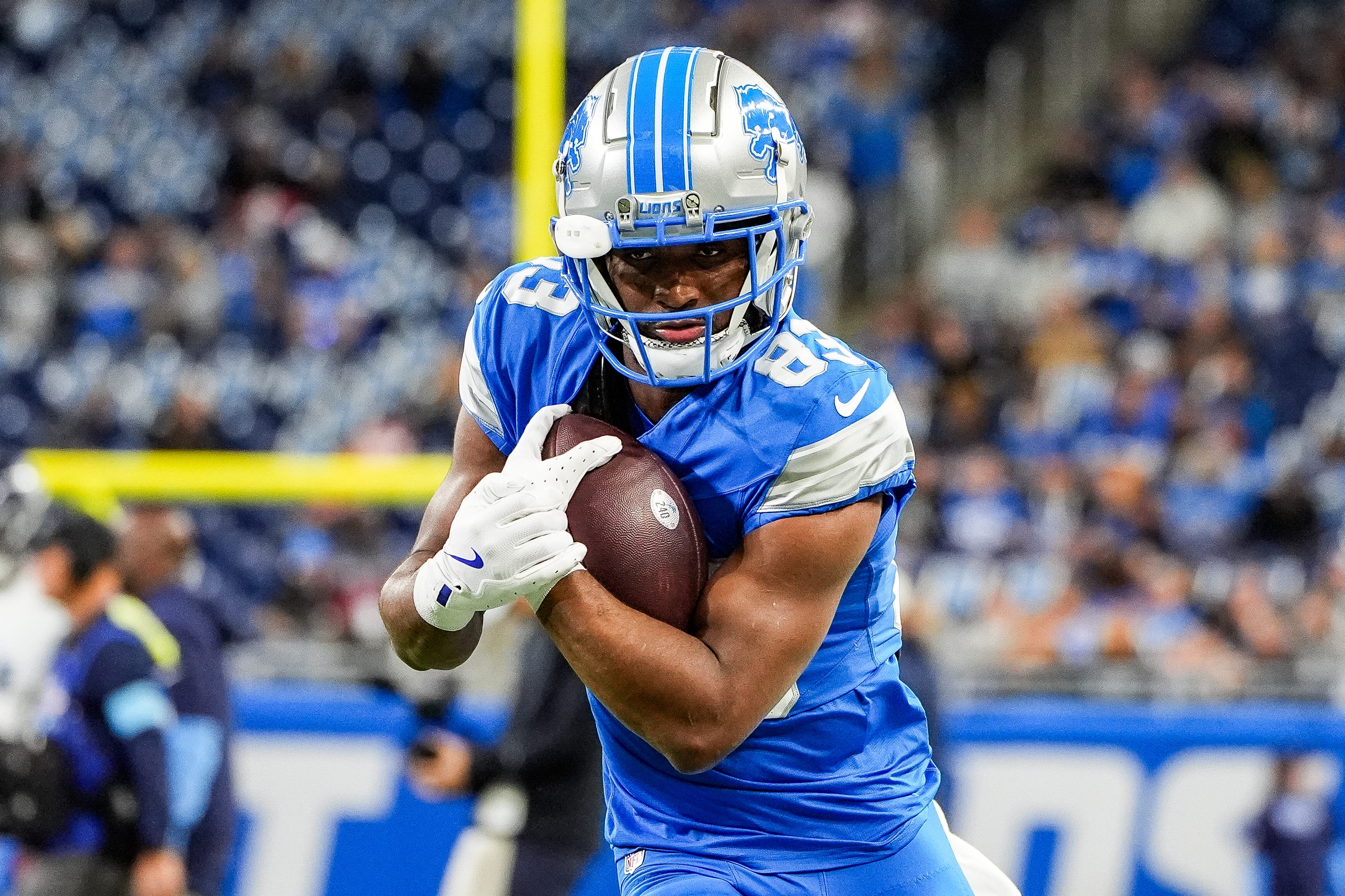 Detroit Lions wide receiver Isaiah Williams (83) warms up before the Tennessee Titans game at Ford Field in Detroit on Sunday, Oct. 27, 2024.  