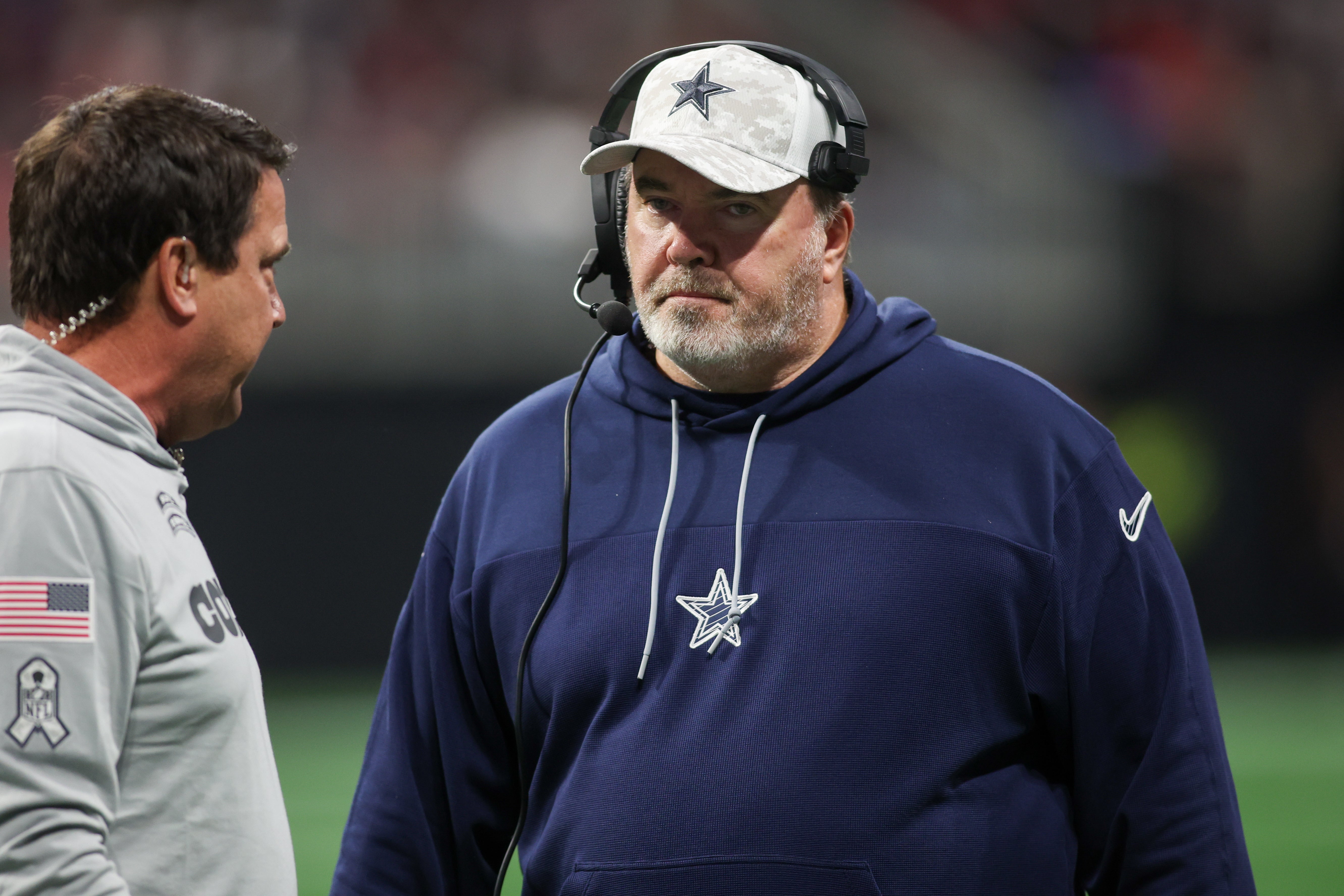 Dallas Cowboys head coach Mike McCarthy on the field against the Atlanta Falcons in the fourth quarter at Mercedes-Benz Stadium.