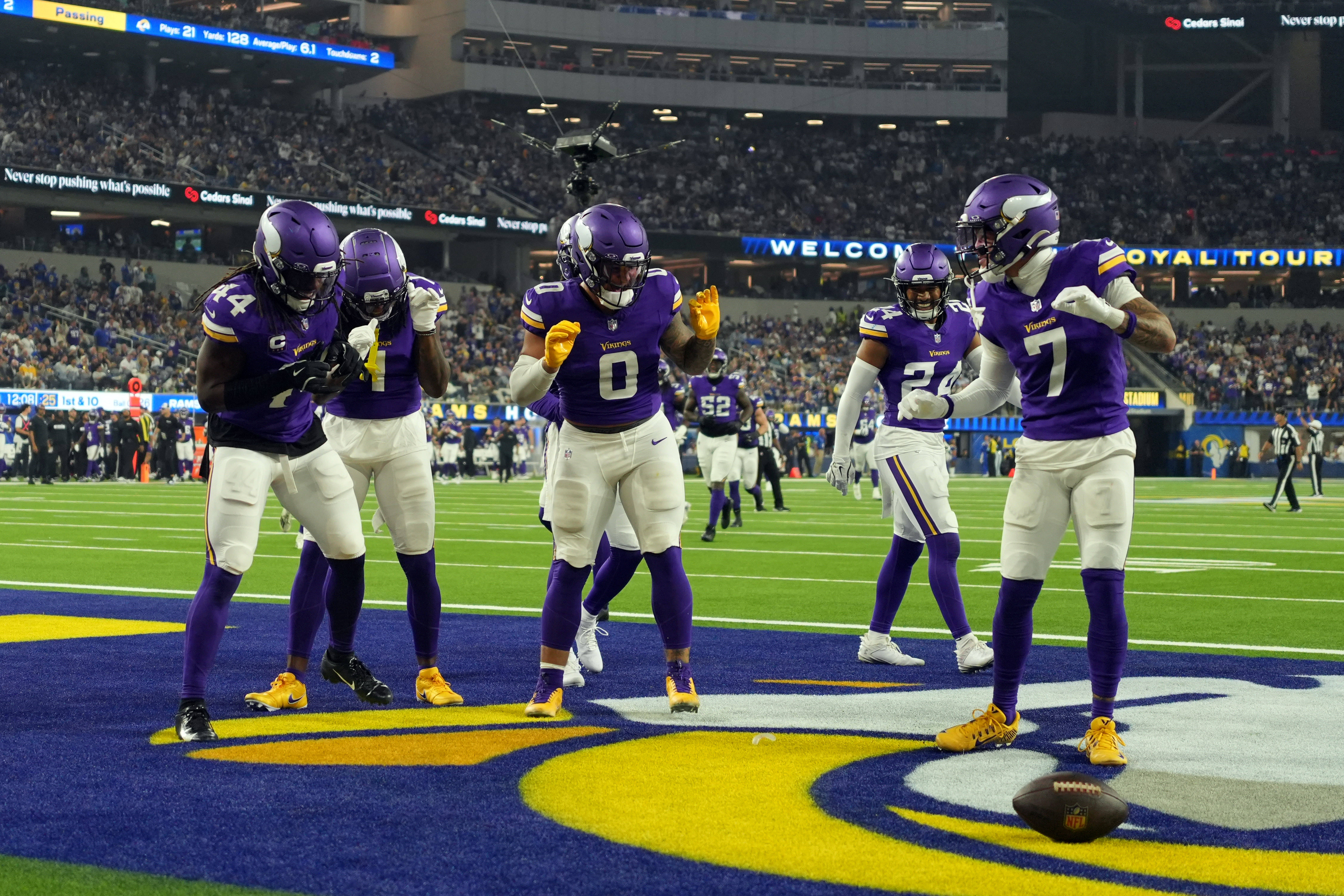 Oct 24, 2024; Inglewood, California, USA; Minnesota Vikings safety Josh Metellus (44), cornerback Shaquill Griffin (1), linebacker Ivan Pace Jr. (0), safety Camryn Bynum (24) and cornerback Byron Murphy Jr. (7) celebrate against the Los Angeles Rams at SoFi Stadium.