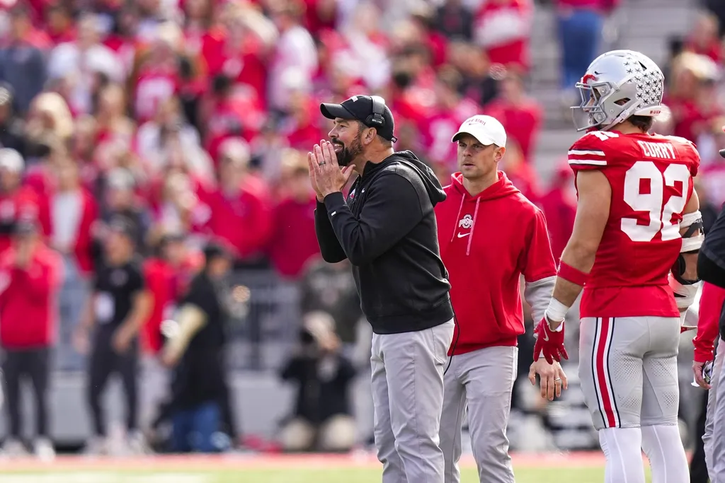 Ohio State Buckeyes head coach Ryan Day yells at his players in the first half against the Purdue Boilermakers at Ohio Stadium.