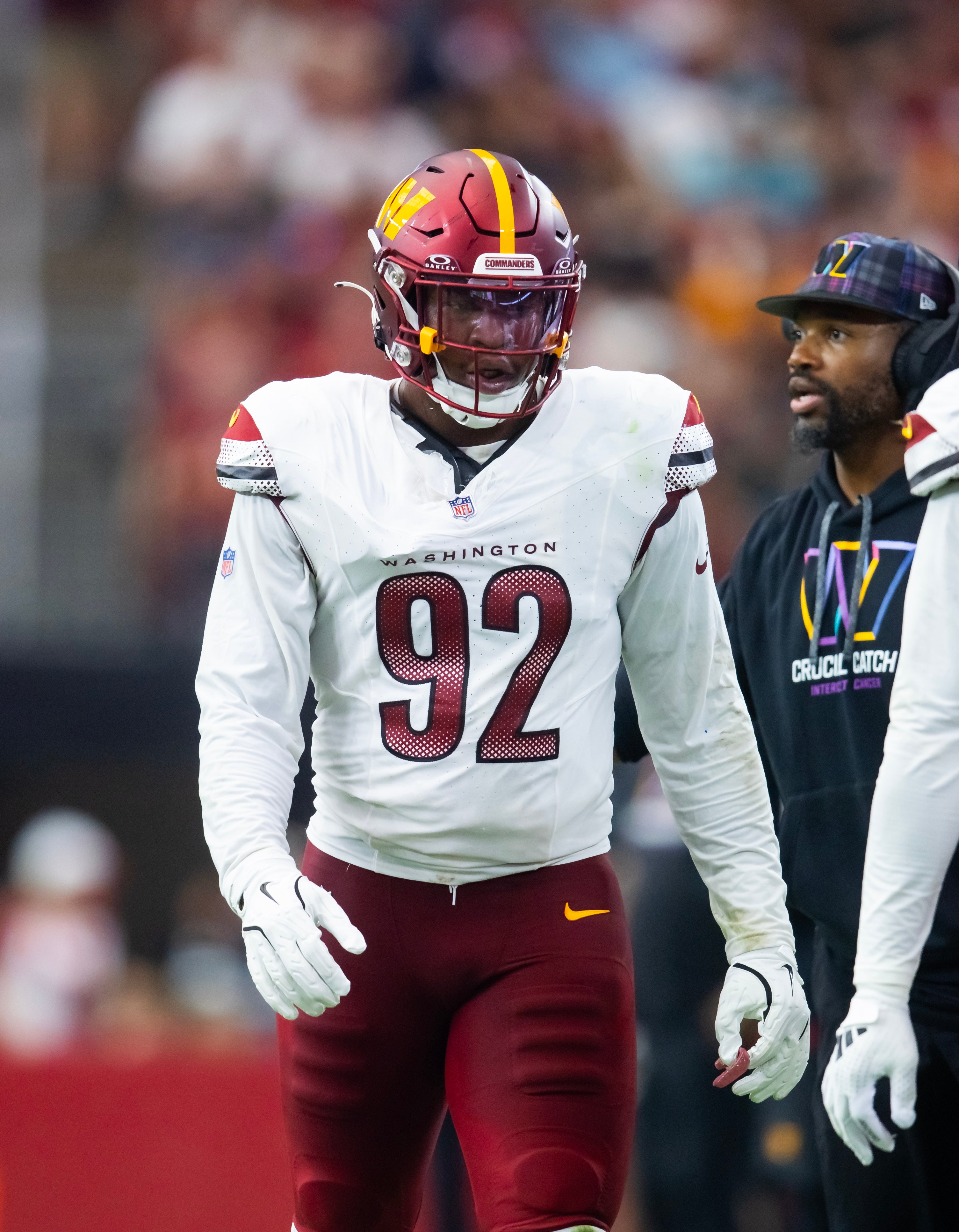 Sep 29, 2024; Glendale, Arizona, USA; Washington Commanders defensive end Dorance Armstrong (92) against the Arizona Cardinals at State Farm Stadium.