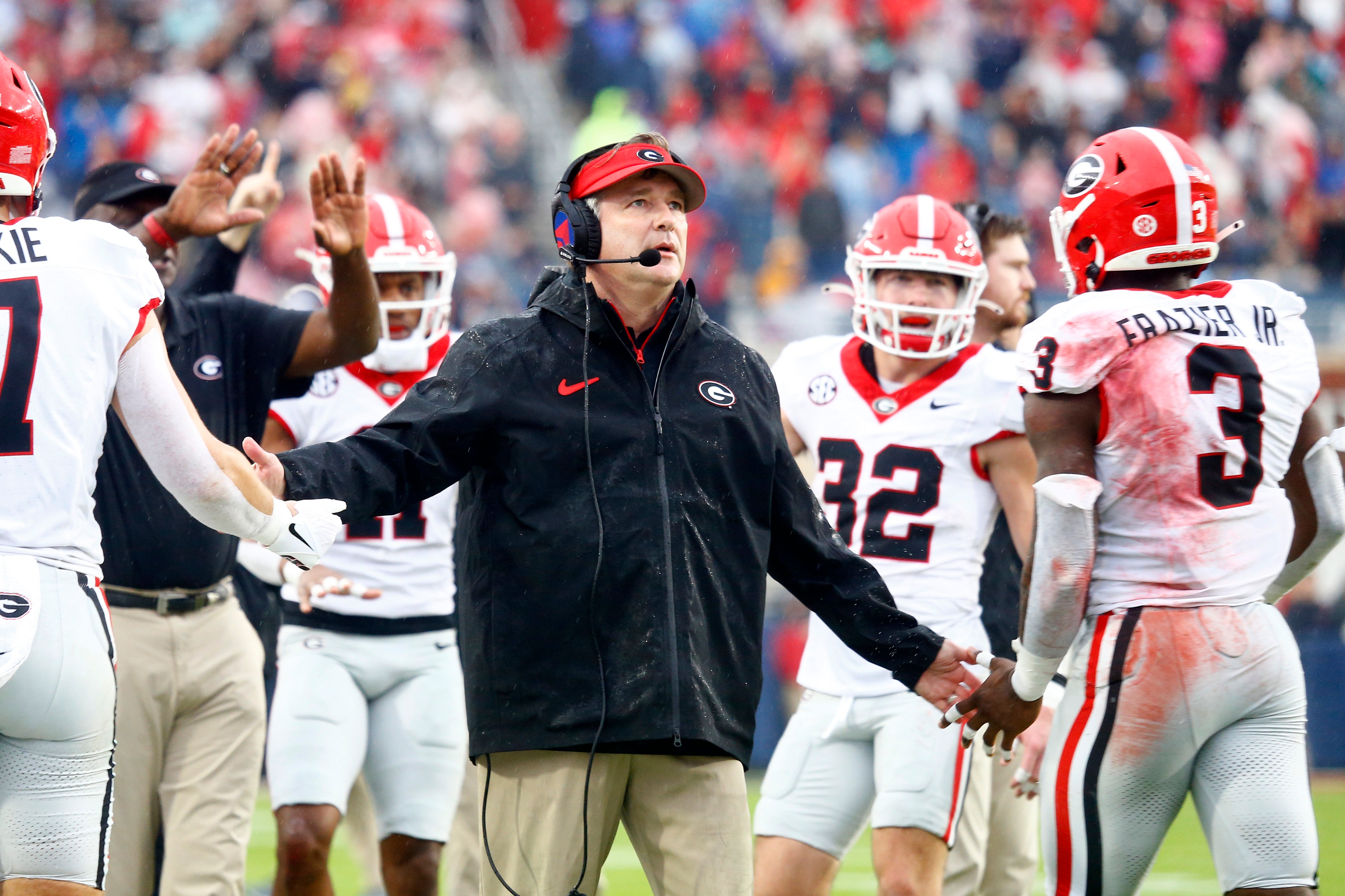 Georgia Bulldogs head coach Kirby Smart reacts after a touchdown during the first half against the Mississippi Rebels at Vaught-Hemingway Stadium.