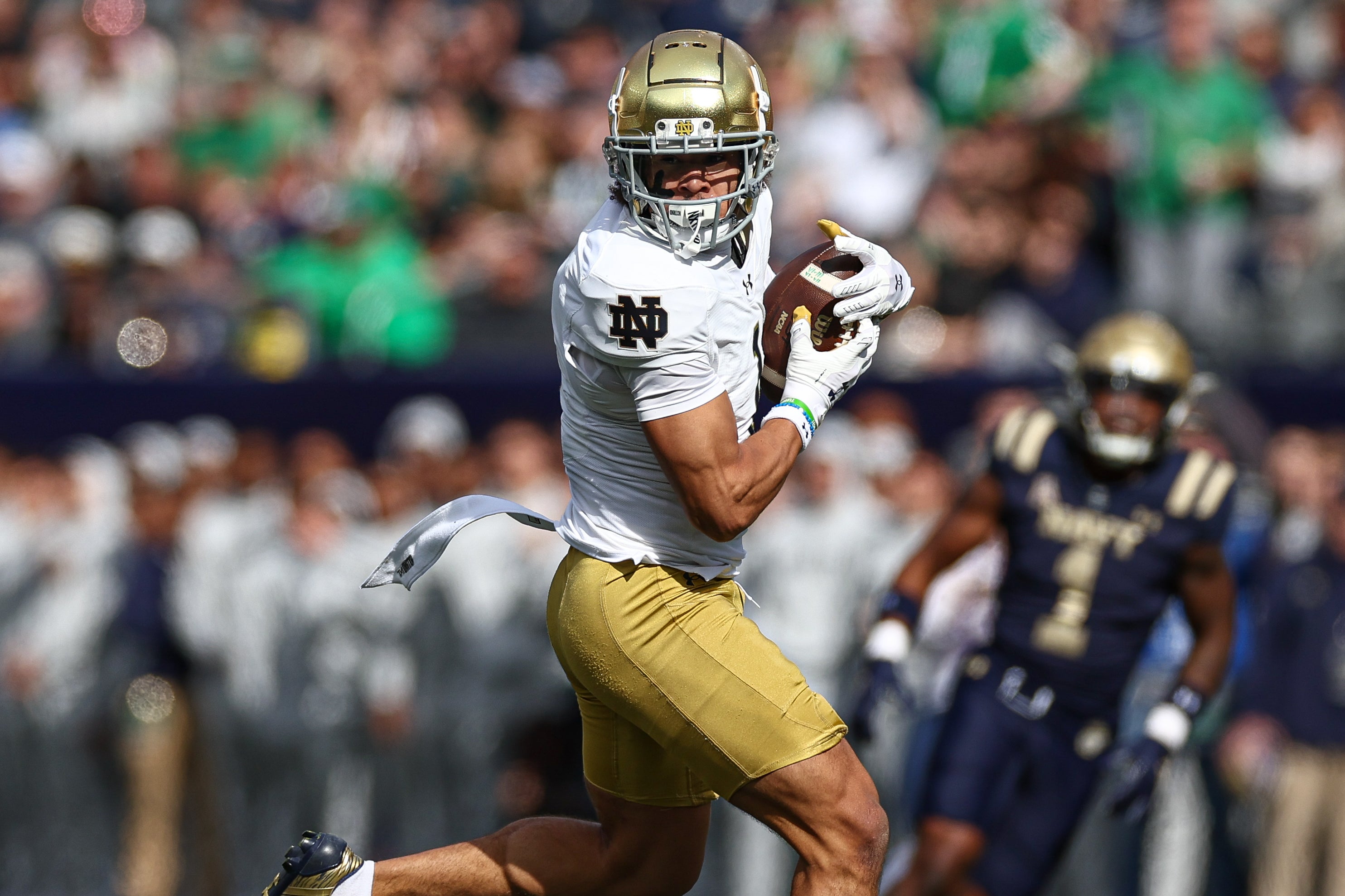 Notre Dame Fighting Irish wide receiver Jaden Greathouse (1) catches the ball during the first half against the Navy Midshipmen at MetLife Stadium.