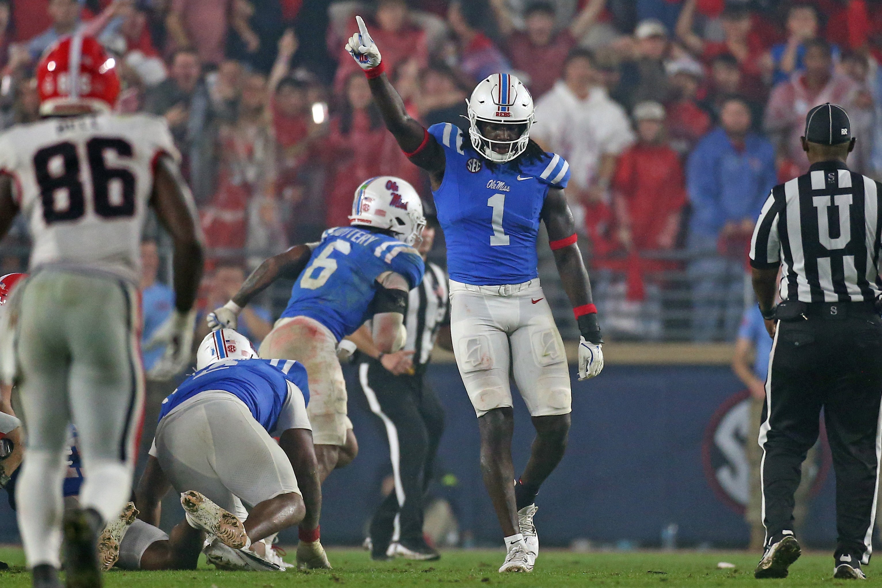 Nov 9, 2024; Oxford, Mississippi, USA; Mississippi Rebels defensive lineman Princely Umanmielen (1) reacts during the second half against the Georgia Bulldogs at Vaught-Hemingway Stadium.