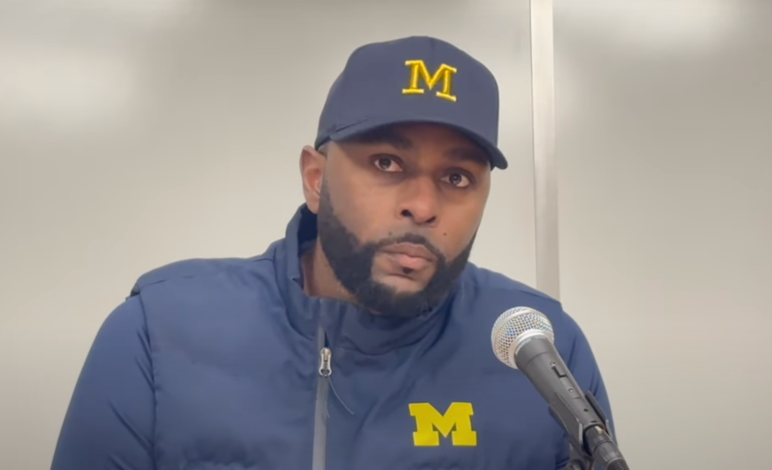 Michigan Head Coach Sherrone Moore meets with the media following the loss to Indiana
