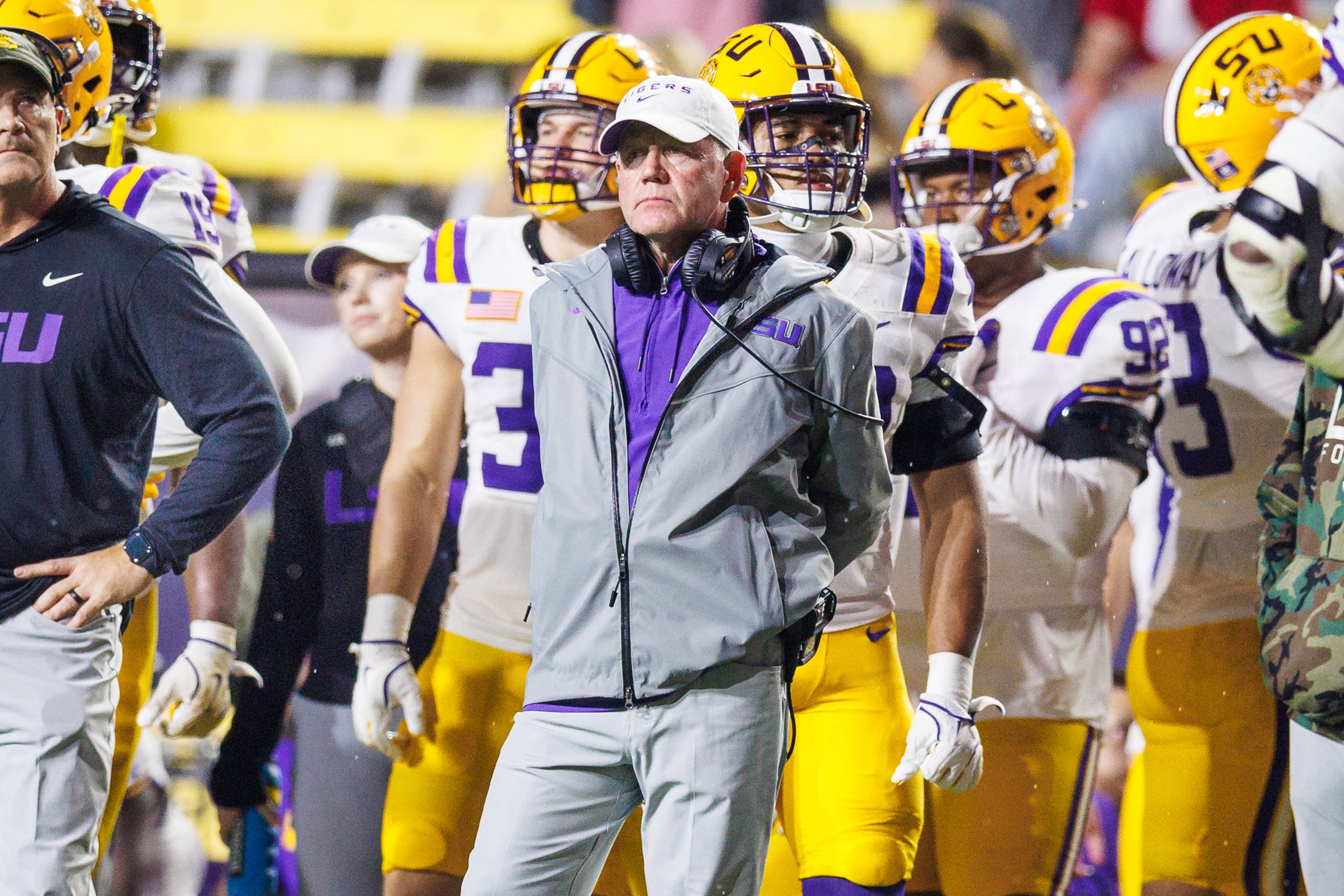 LSU Tigers head coach Brian Kelly looks on against the Alabama Crimson Tide during the second half at Tiger Stadium.