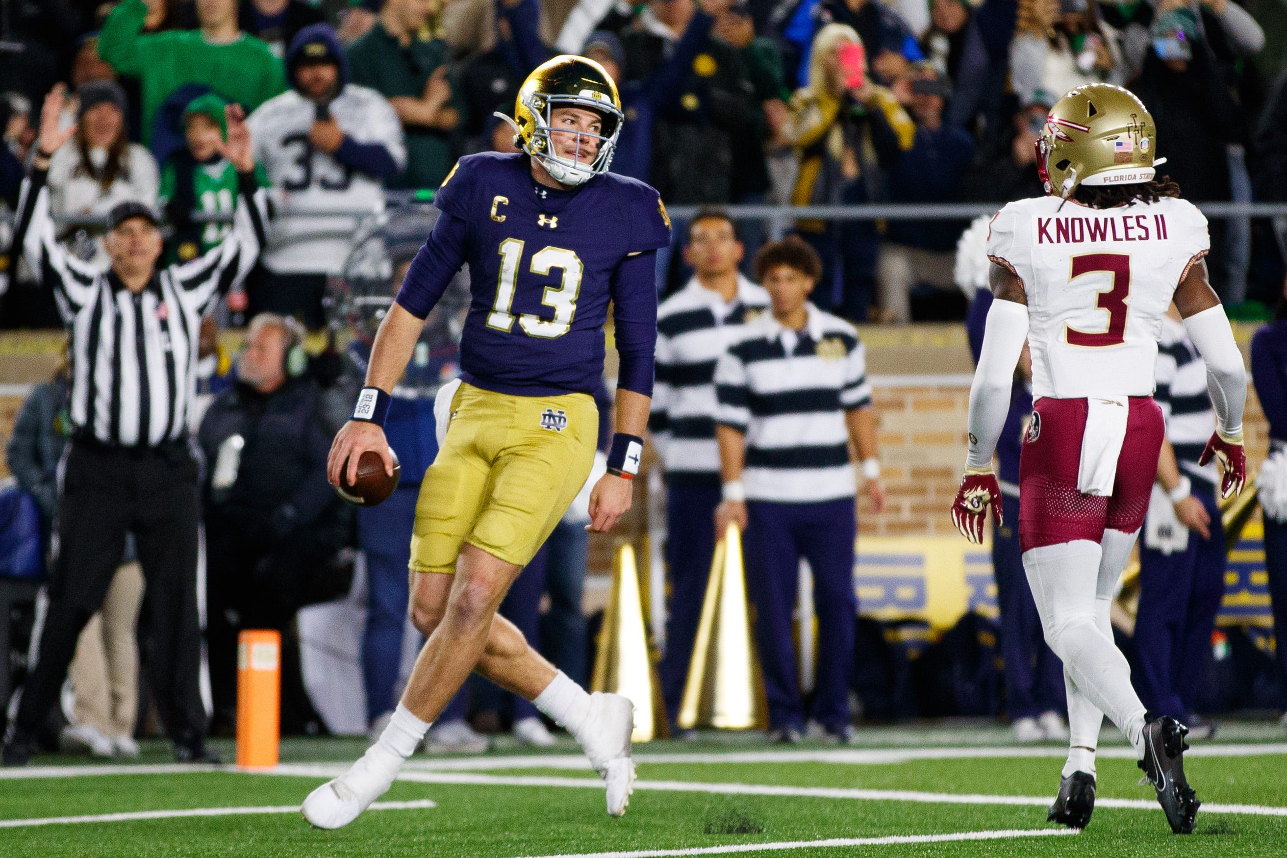 Notre Dame quarterback Riley Leonard (13) celebrates scoring a touchdown during a NCAA college football game against Florida State at Notre Dame Stadium on Saturday, Nov. 9, 2024, in South Bend.