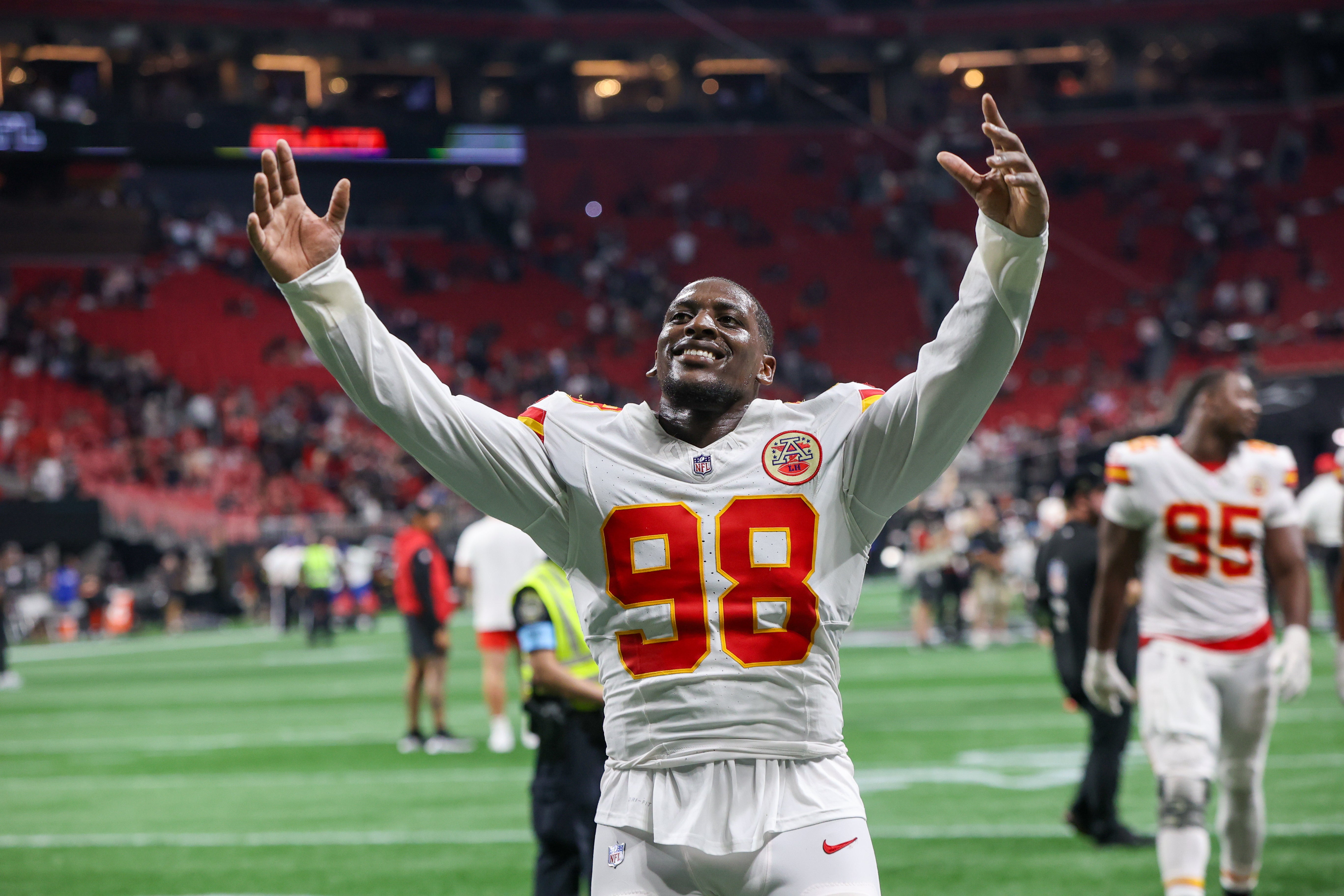 Sep 22, 2024; Atlanta, Georgia, USA; Kansas City Chiefs defensive tackle Tershawn Wharton (98) celebrates after a victory over the Atlanta Falcons at Mercedes-Benz Stadium.