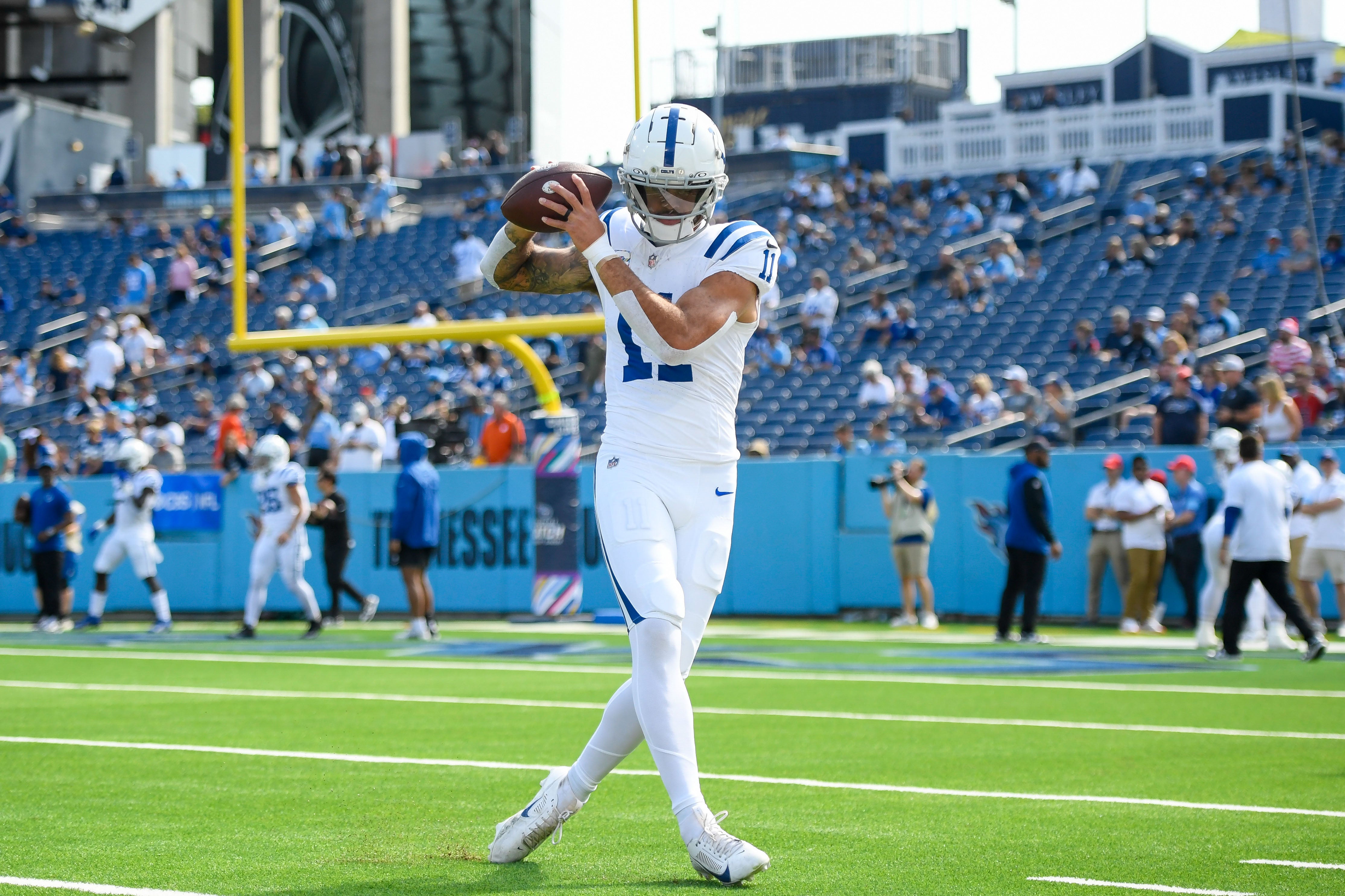 Oct 13, 2024; Nashville, Tennessee, USA; Indianapolis Colts wide receiver Michael Pittman Jr. (11) makes a catch during pregame warmups against the Tennessee Titans at Nissan Stadium.