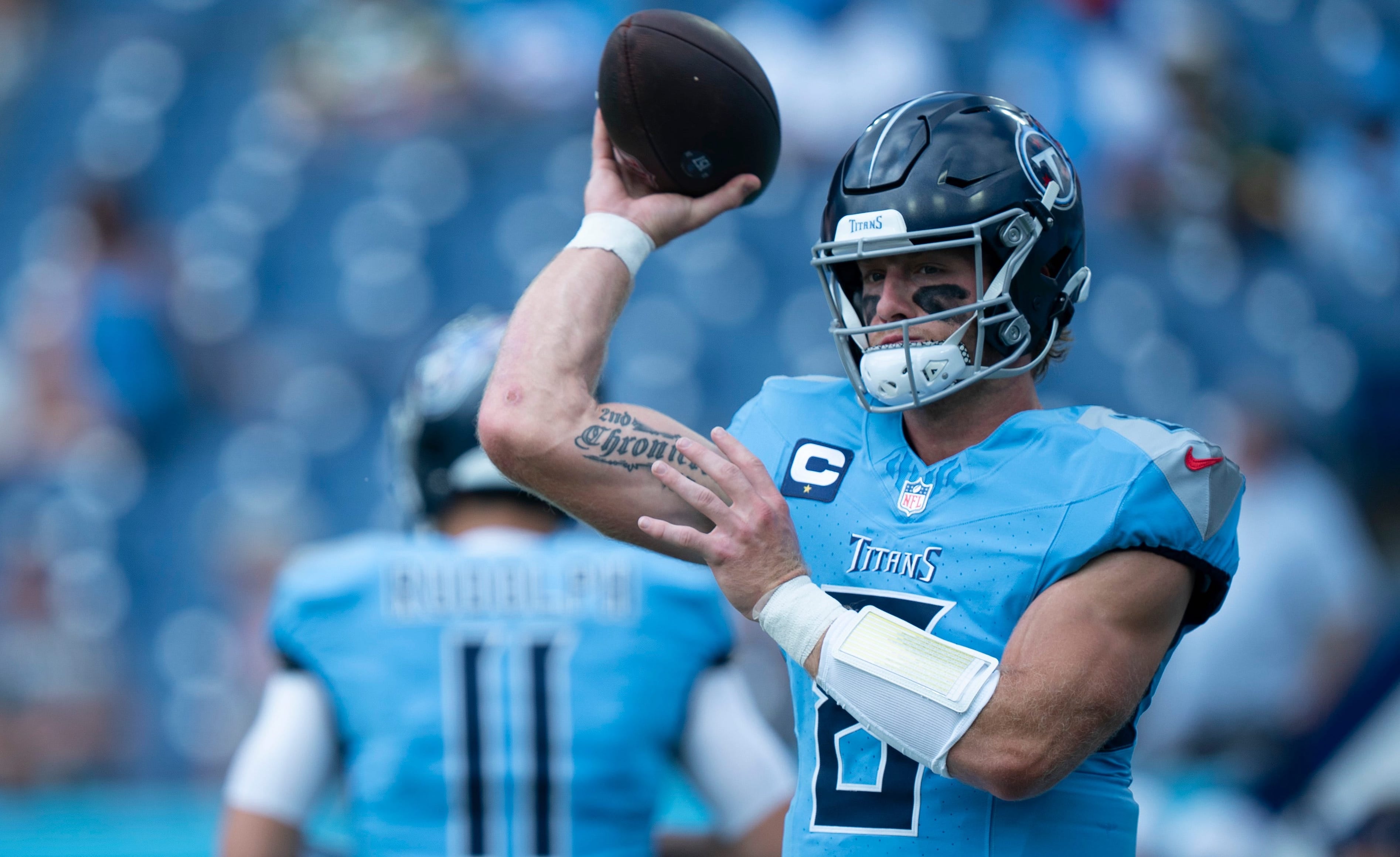 Tennessee Titans quarterback Will Levis (8) throws during warmups before their game against the Green Bay Packers at Nissan Stadium in Nashville, Tenn., Sunday, Sept. 22, 2024 Denny Simmons / The Tennessean-USA TODAY NETWORK via Imagn Images