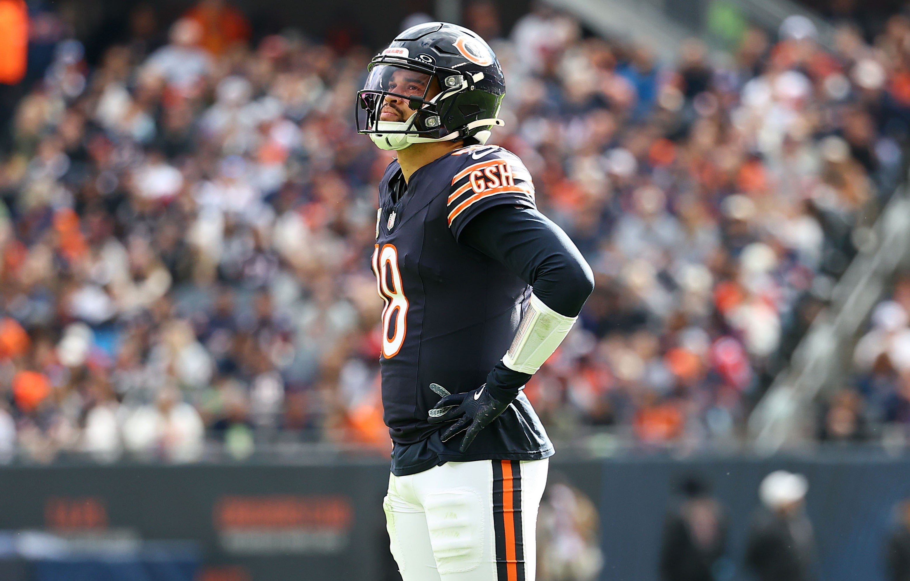 Nov 10, 2024; Chicago, Illinois, USA; Chicago Bears quarterback Caleb Williams (18) reacts against the New England Patriots during the first quarter at Soldier Field.