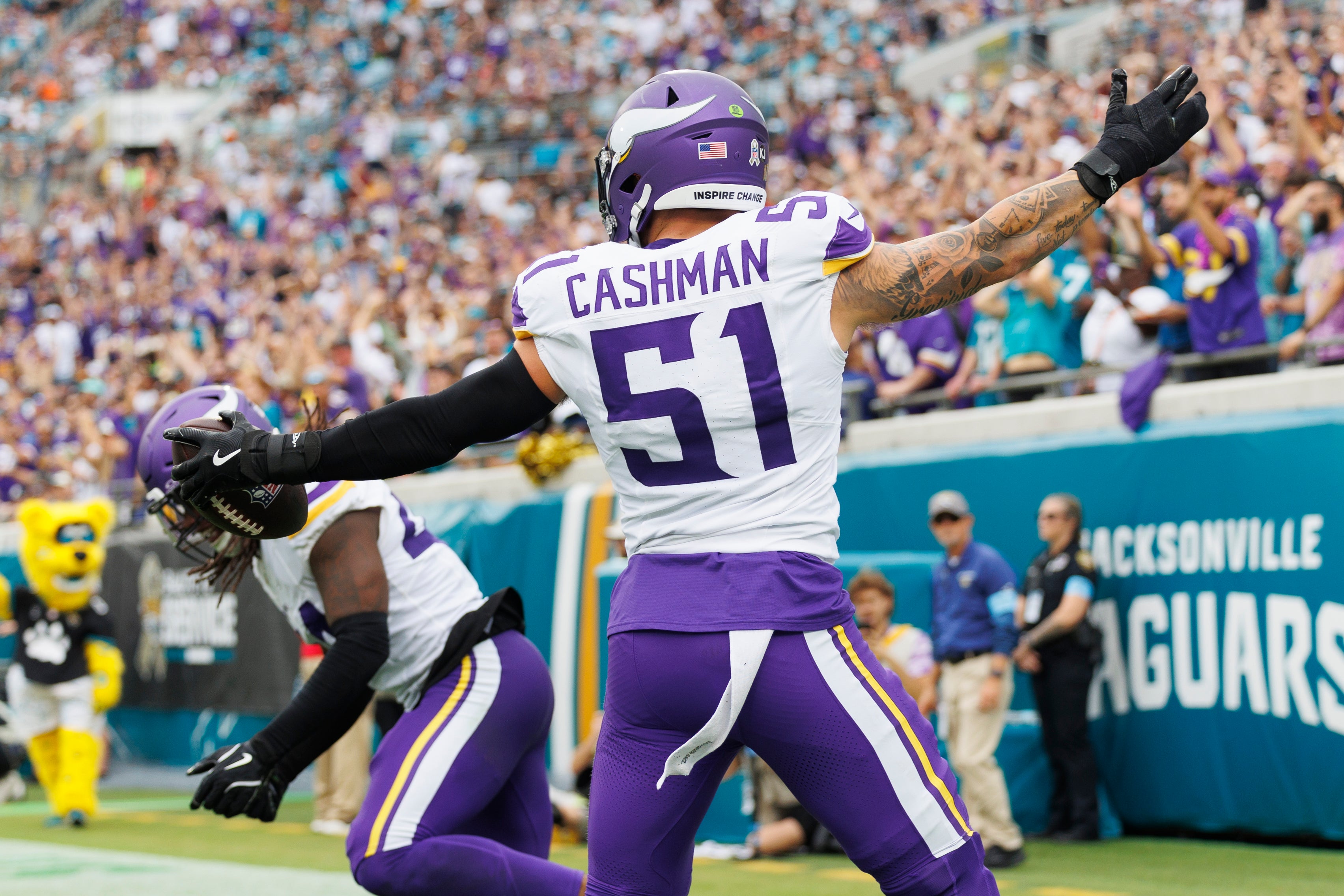 Nov 10, 2024; Jacksonville, Florida, USA; Minnesota Vikings linebacker Blake Cashman (51) celebrates a fumble return that is later called dead against the Jacksonville Jaguars during the second quarter at EverBank Stadium.