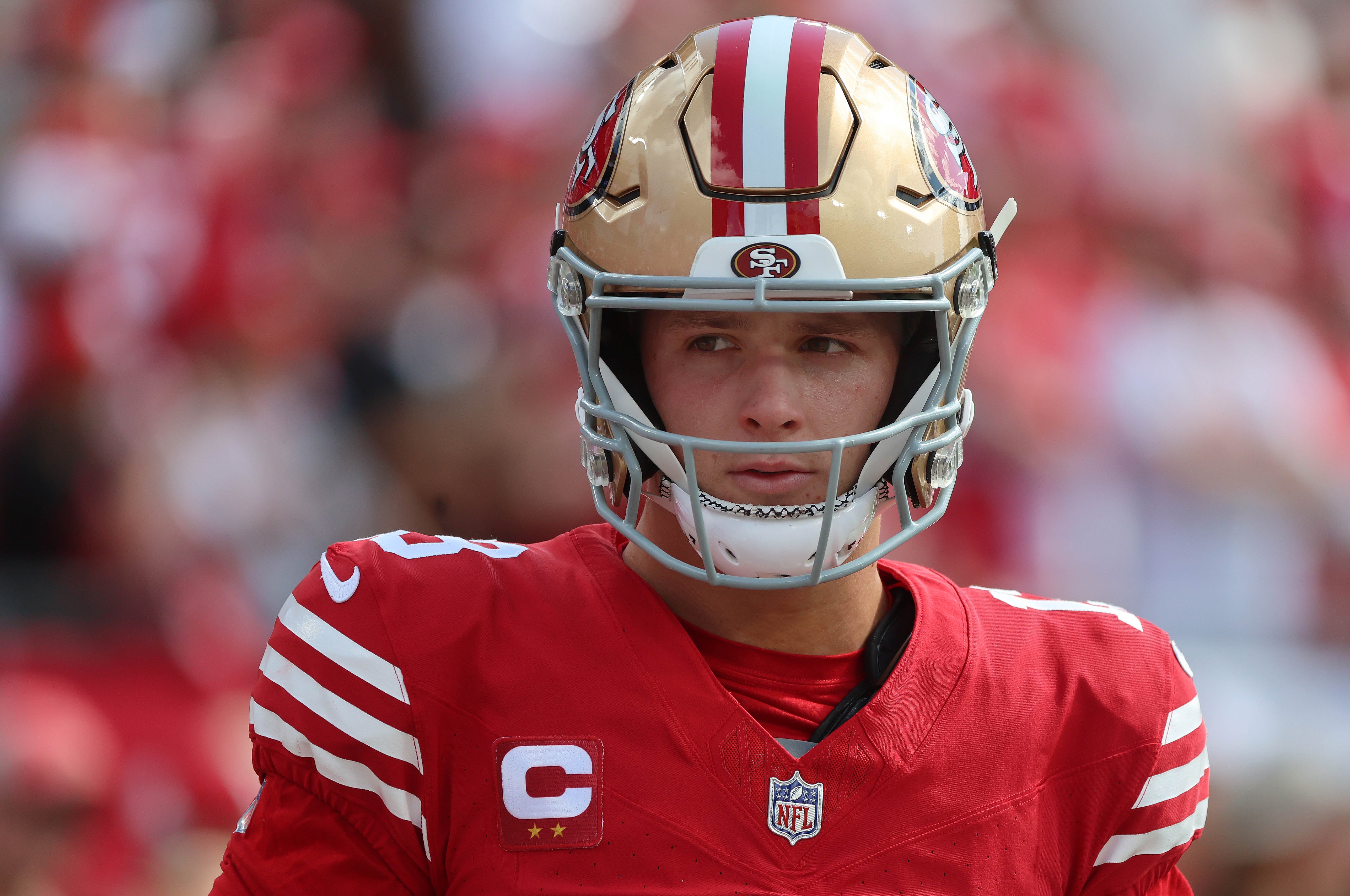 San Francisco 49ers quarterback Brock Purdy (13) against the Tampa Bay Buccaneers prior to the game at Raymond James Stadium.