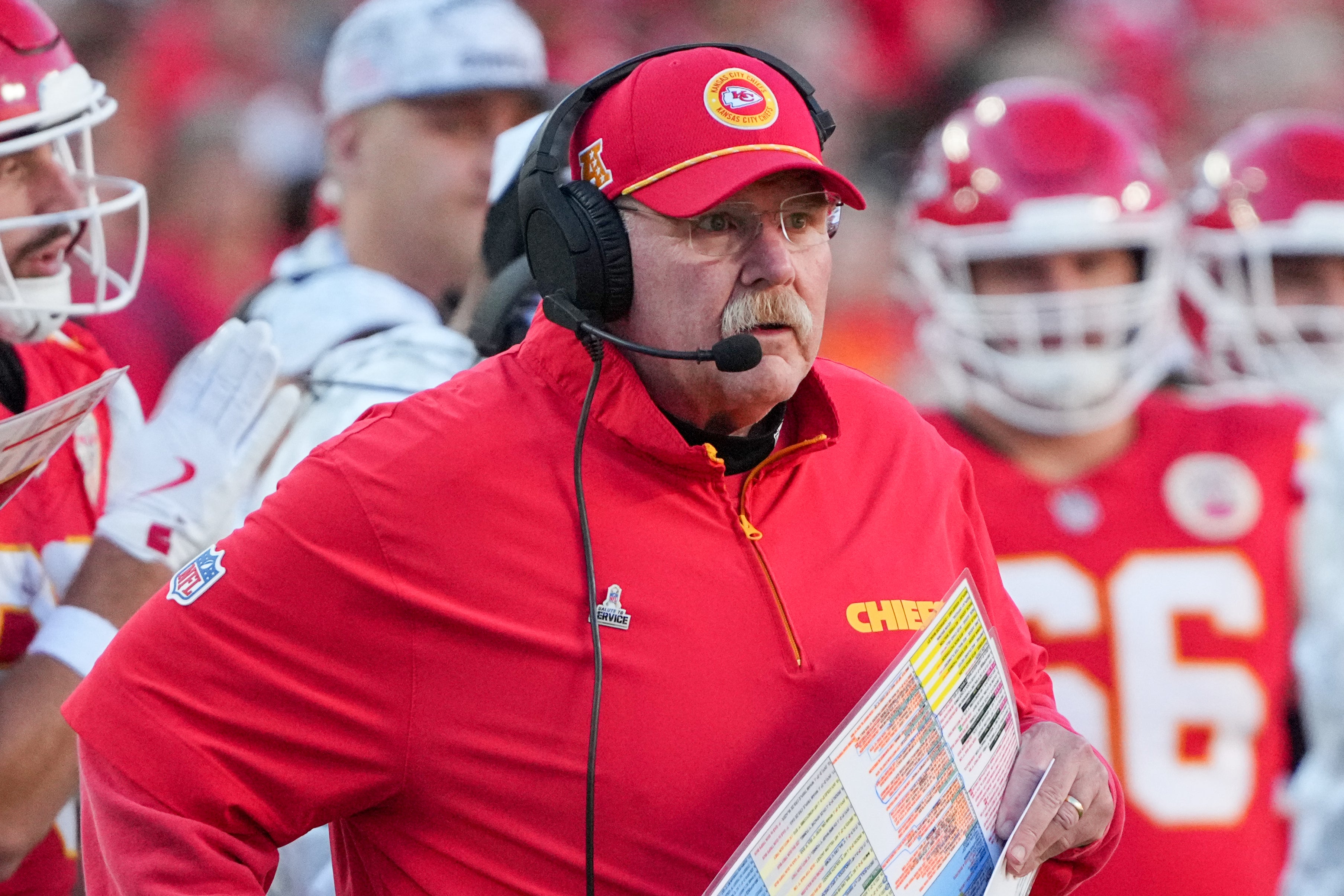 Nov 10, 2024; Kansas City, Missouri, USA; Kansas City Chiefs head coach Andy Reid watches play against the Denver Broncos during the second half at GEHA Field at Arrowhead Stadium.