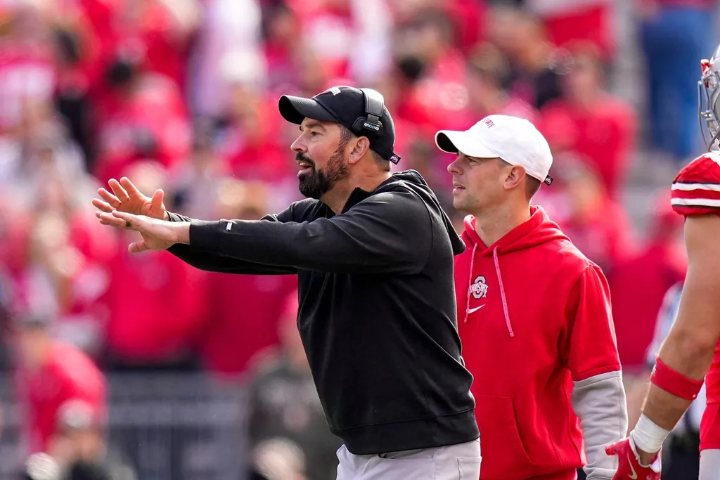 Ohio State Buckeyes head coach Ryan Day speaks to his players in the first half at Ohio Stadium on Saturday, Nov. 9, 2024 in Columbus, Ohio