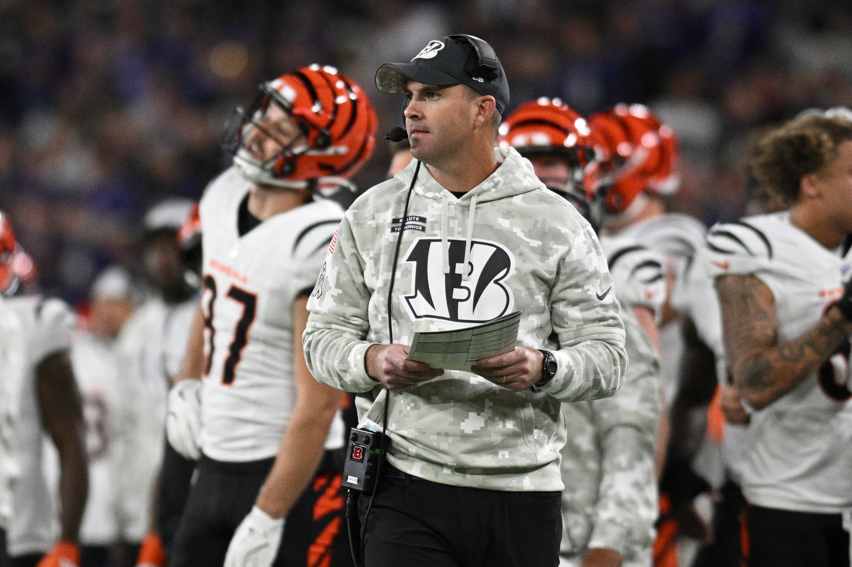 Nov 7, 2024; Baltimore, Maryland, USA; Cincinnati Bengals head coach Zac Taylor reacts during the first quarter against the Baltimore Ravens at M&T Bank Stadium.