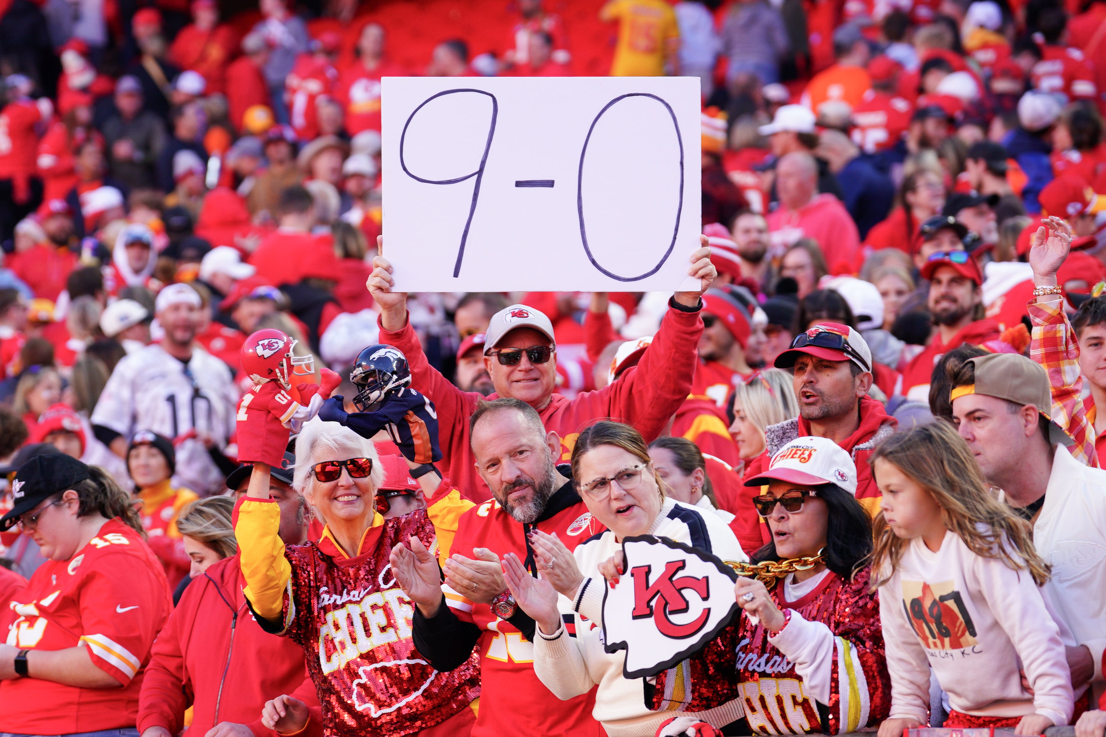 Nov 10, 2024; Kansas City, Missouri, USA; Kansas City Chiefs fans show support after the win over the Denver Broncos at GEHA Field at Arrowhead Stadium.