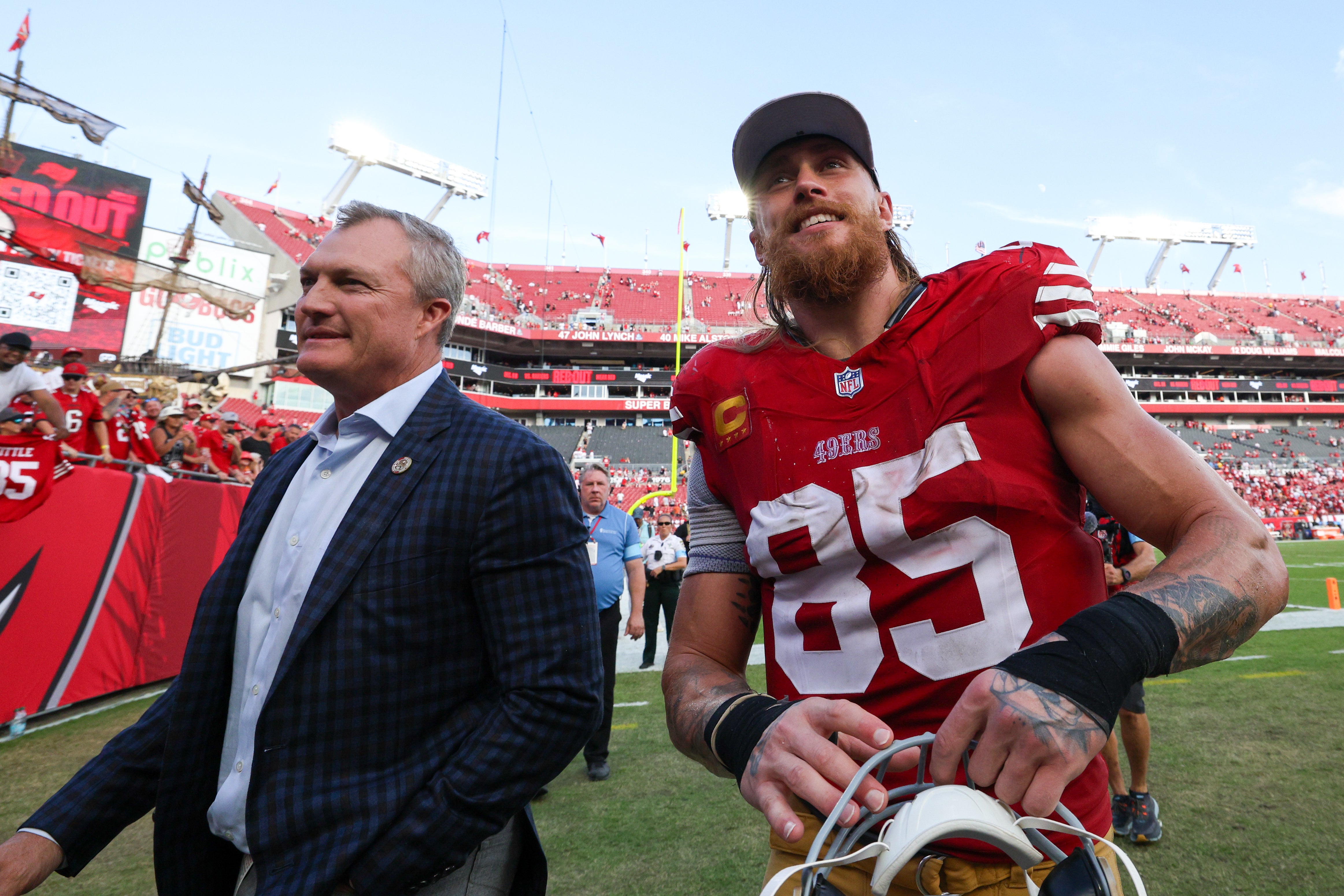 San Francisco 49ers tight end George Kittle (85) celebrates after beating the Tampa Bay Buccaneers at Raymond James Stadium.