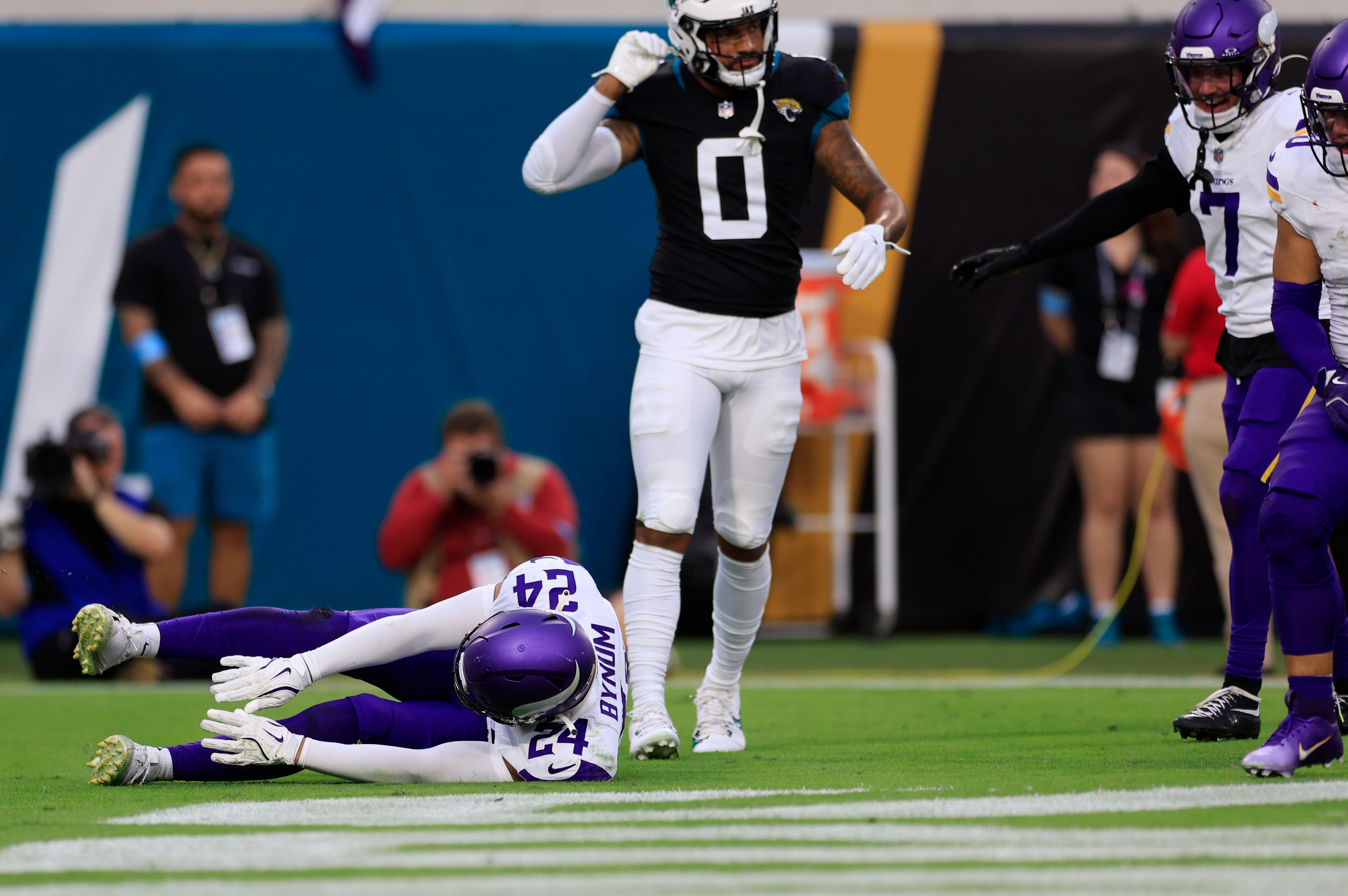 Minnesota Vikings safety Camryn Bynum (24) does the famed Australian breakdancer Raygun’s Olympic dance near Jacksonville Jaguars wide receiver Gabe Davis (0) during the fourth quarter of an NFL football matchup Sunday, Nov. 10, 2024 at Everbank Stadium in Jacksonville, Fla. The Vikings defeated the Jaguars 12-7.