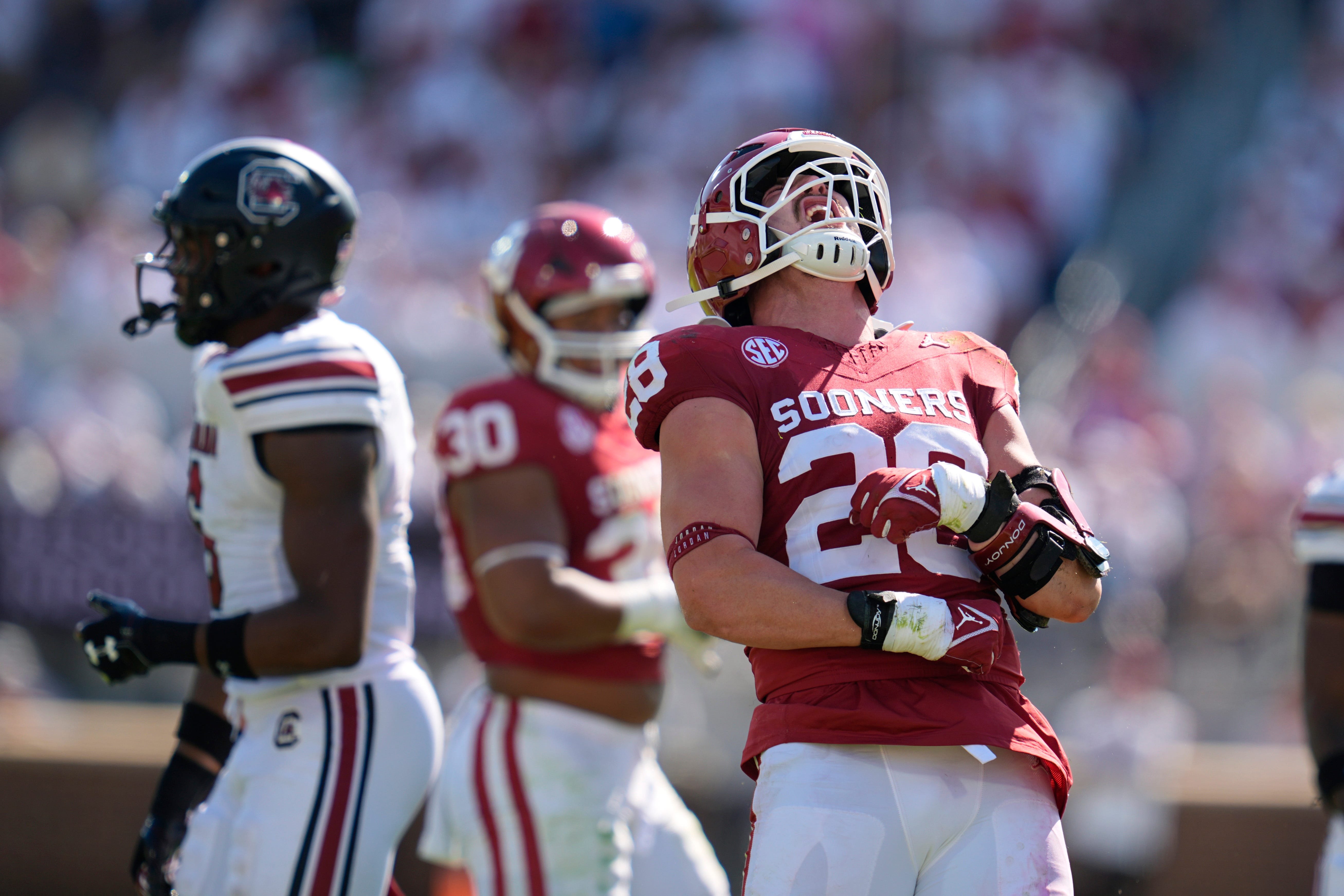 Oklahoma Sooners linebacker Danny Stutsman (28) celebrates during a college football game between the University of Oklahoma Sooners (OU) and the South Carolina Gamecocks at Gaylord Family - Oklahoma Memorial Stadium in Norman, Okla., Saturday, Oct. 19, 2024.