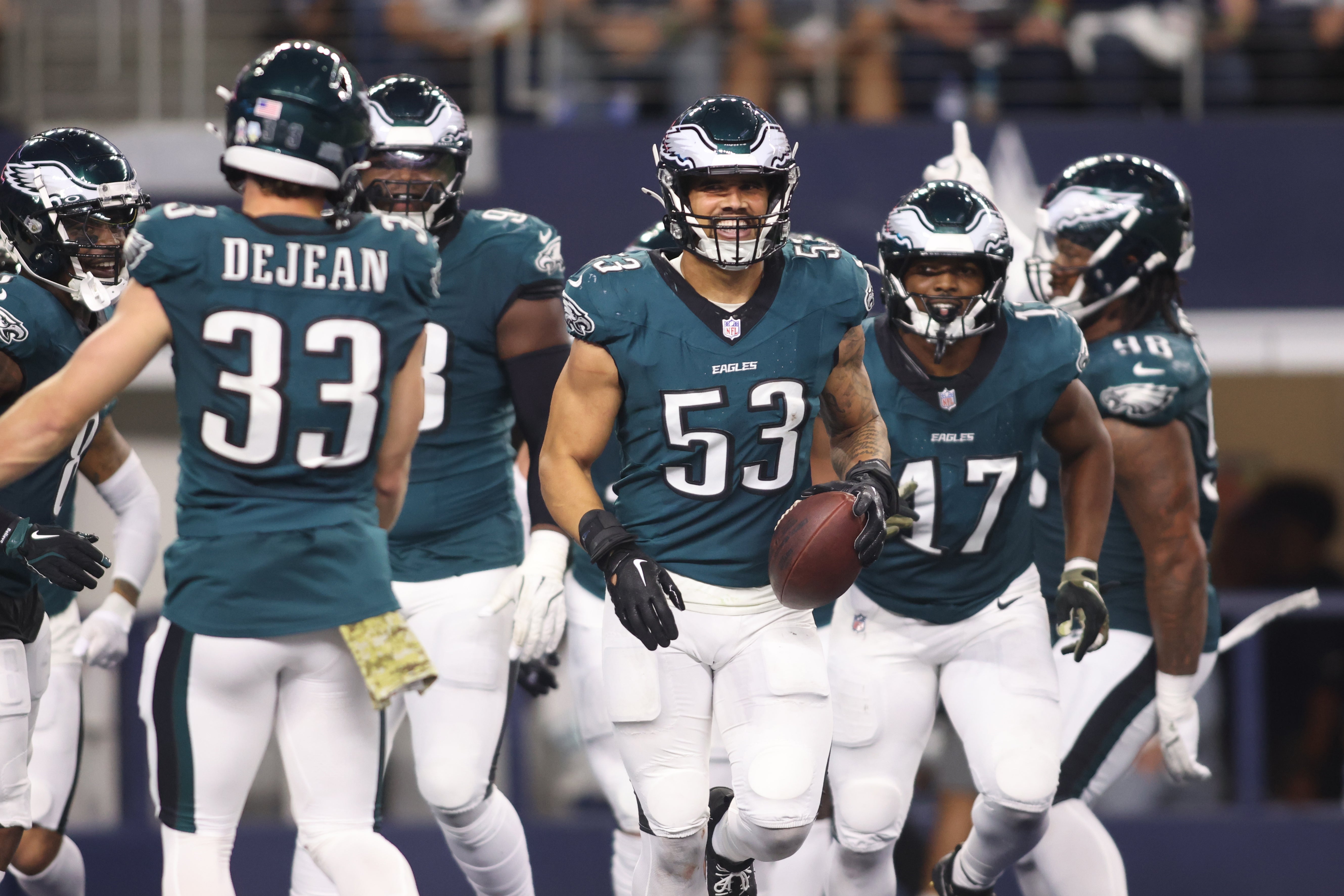 Philadelphia Eagles linebacker Zack Baun (53) reacts after recovering a fumble against the Dallas Cowboys in the third quarter at AT&T Stadium.
