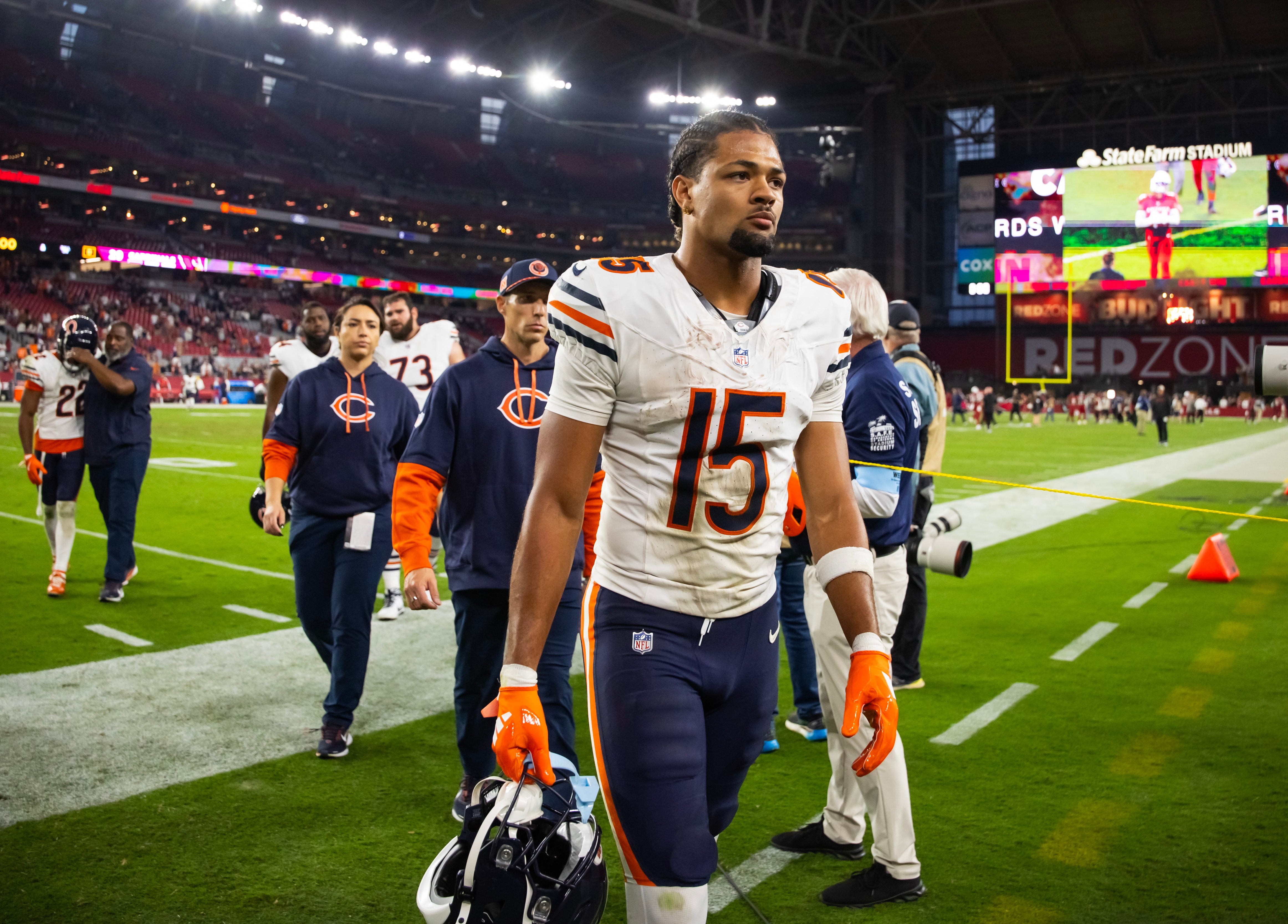 Nov 3, 2024; Glendale, Arizona, USA; Chicago Bears wide receiver Rome Odunze (15) against the Arizona Cardinals at State Farm Stadium.