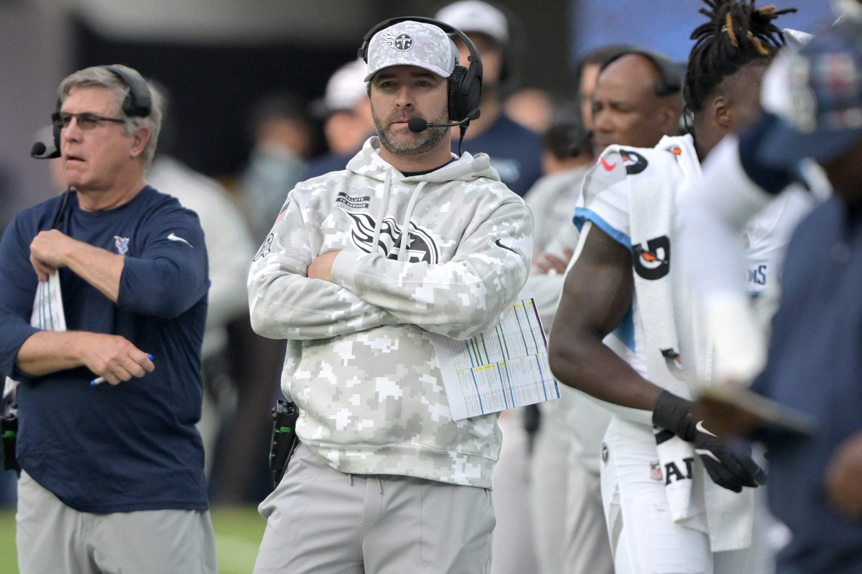 Los Angeles Chargers head coach Brian Callahan looks on in the first half against the Los Angeles Chargers at SoFi Stadium. Jayne Kamin-Oncea-Imagn Images