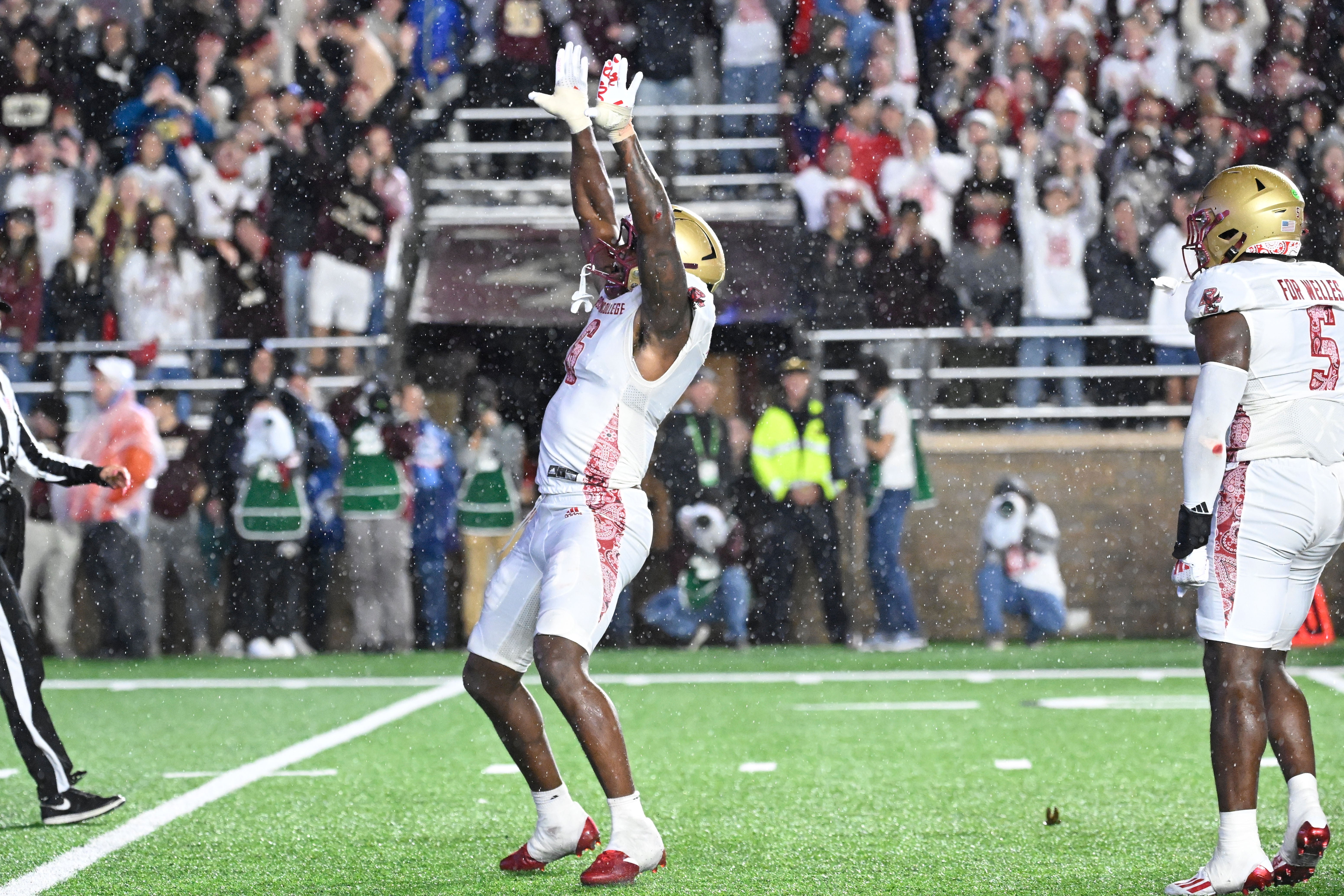 Boston College Eagles defensive end Donovan Ezeiruaku (6) reacts to his sack against the Michigan State Spartans during the second half at Alumni Stadium. 