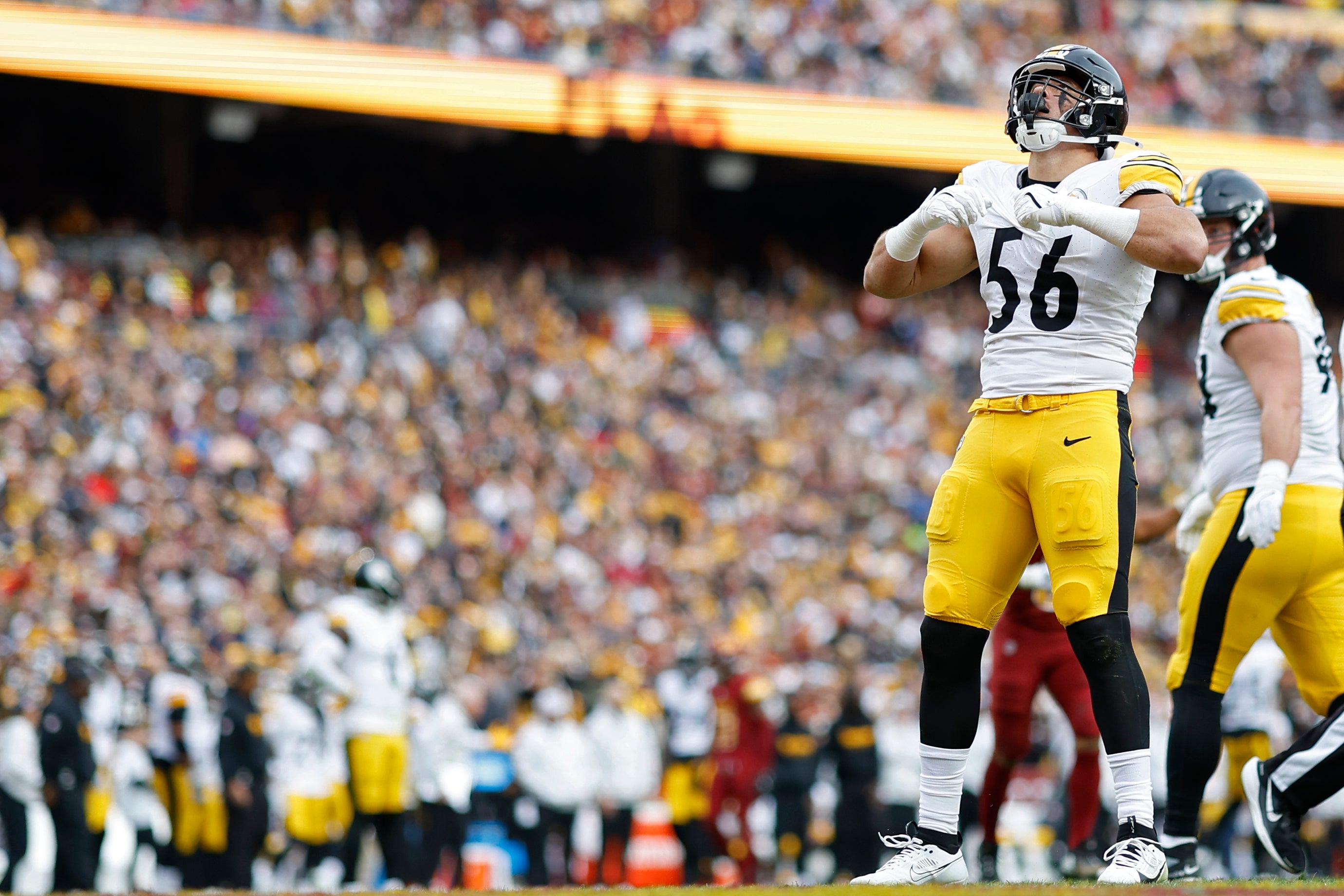 Nov 10, 2024; Landover, Maryland, USA; Pittsburgh Steelers linebacker Alex Highsmith (56) celebrates after a sack against the Washington Commanders during the first half at Northwest Stadium.