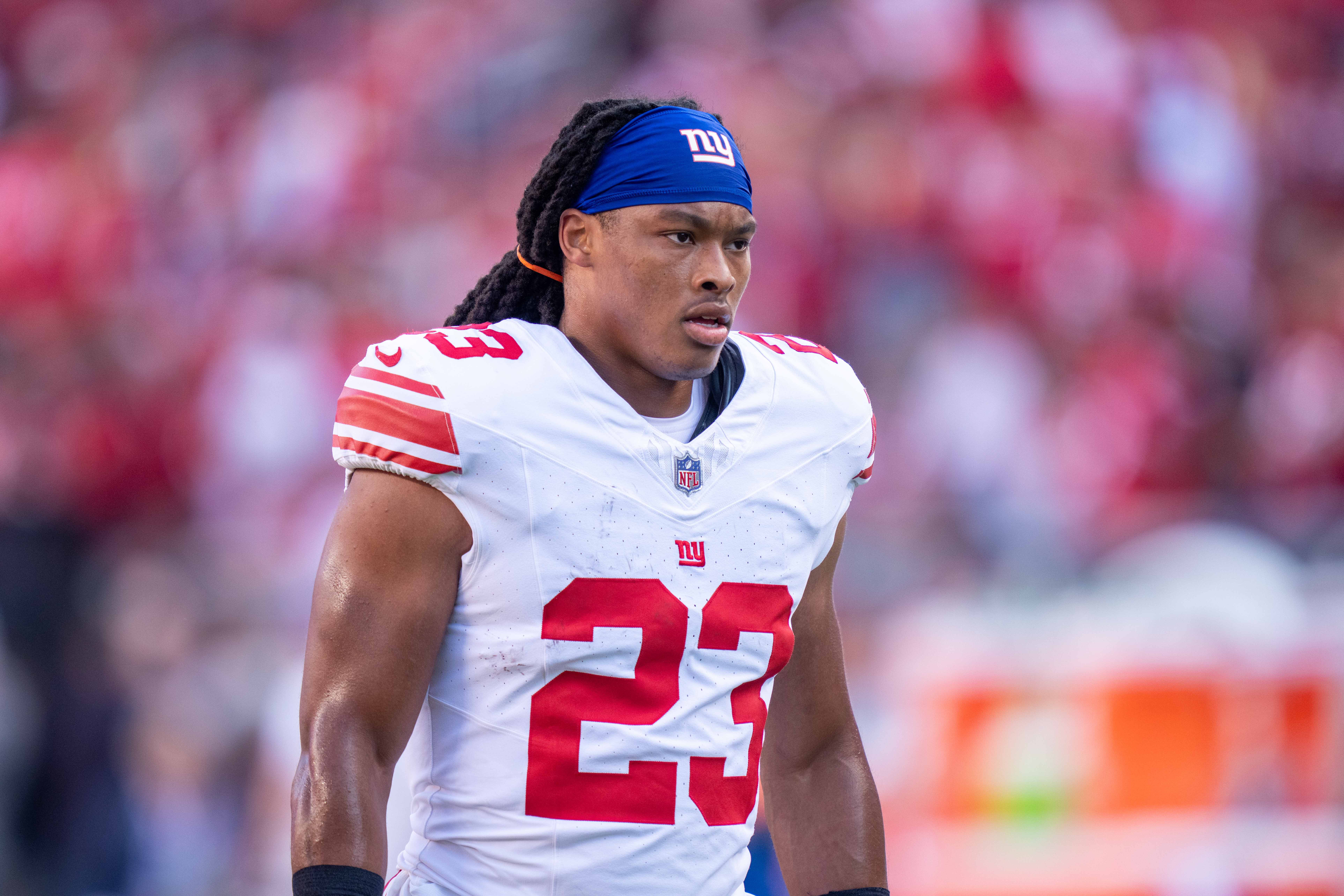 September 21, 2023; Santa Clara, California, USA; New York Giants running back Gary Brightwell (23) before the game against the San Francisco 49ers at Levi's Stadium.