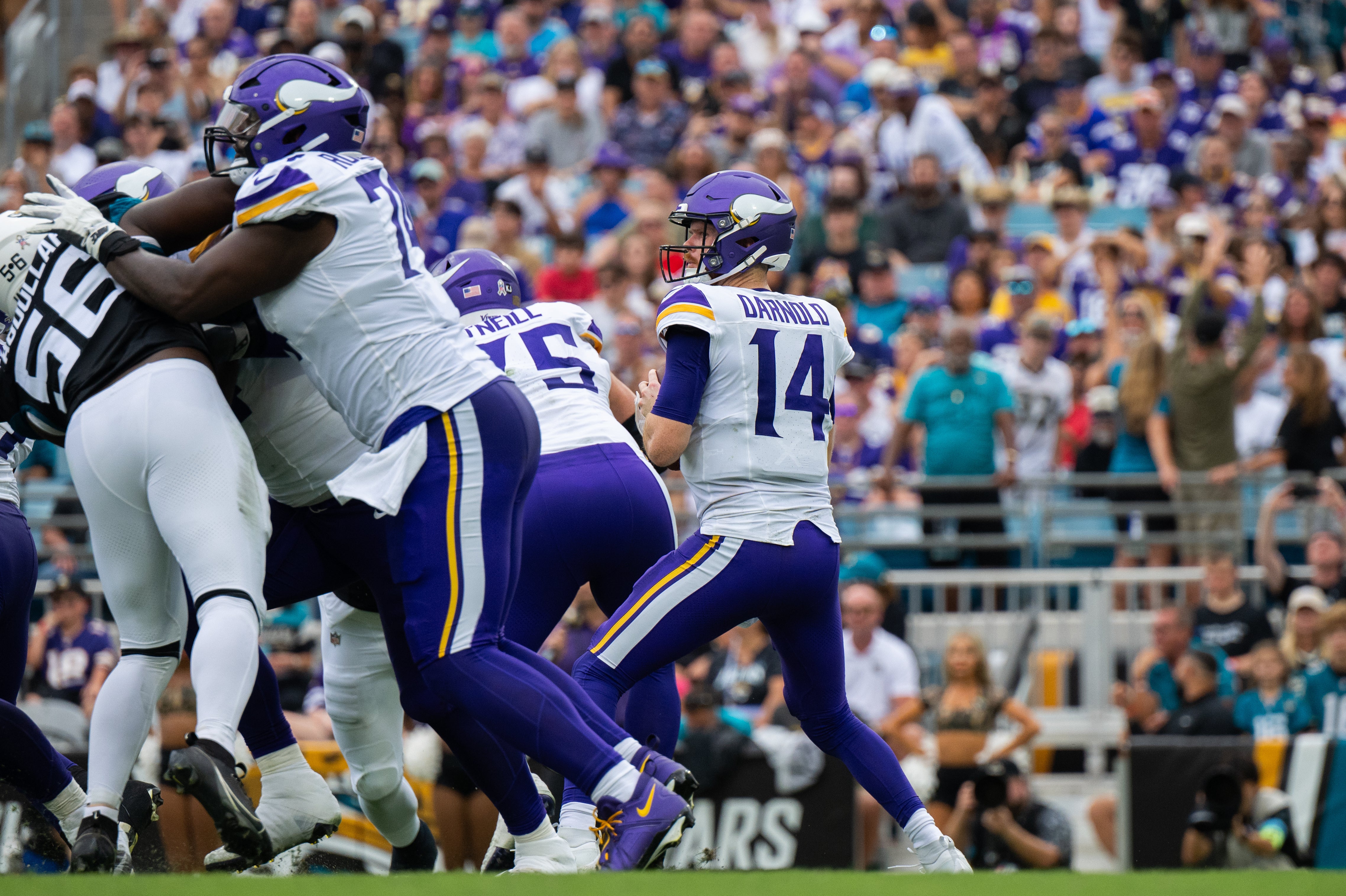 Nov 10, 2024; Jacksonville, Florida, USA; Minnesota Vikings quarterback Sam Darnold (14) gets ready to throw the ball against the Jacksonville Jaguars in the second quarter at EverBank Stadium.