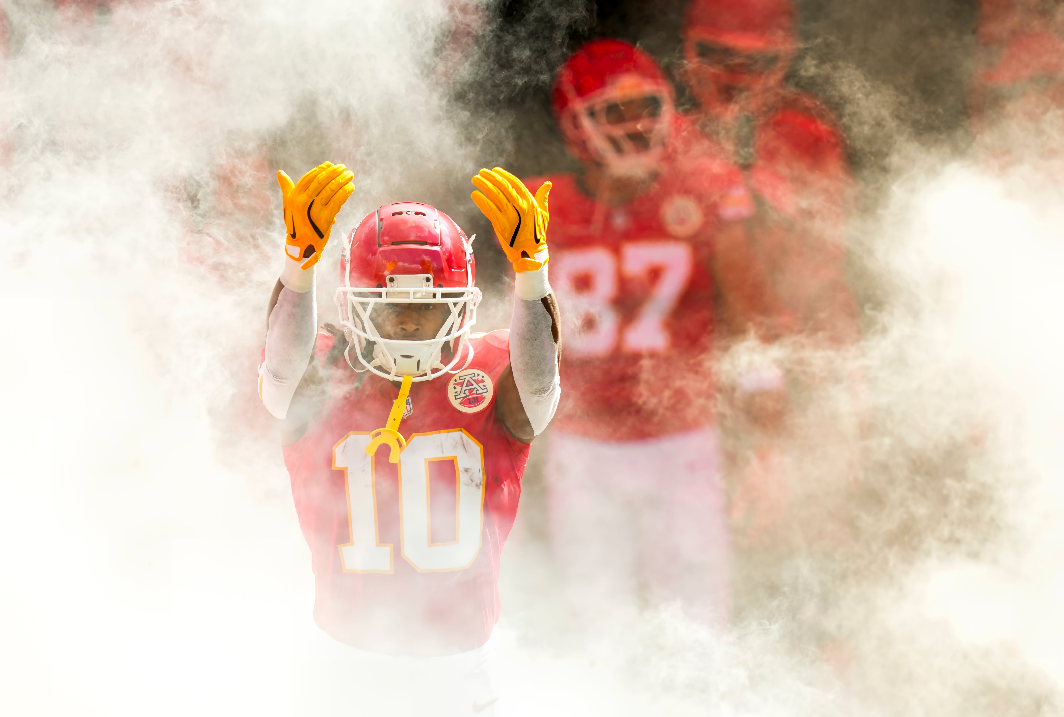 Sep 15, 2024; Kansas City, Missouri, USA; Kansas City Chiefs running back Isiah Pacheco (10) takes the field prior to a game against the Cincinnati Bengals at GEHA Field at Arrowhead Stadium.