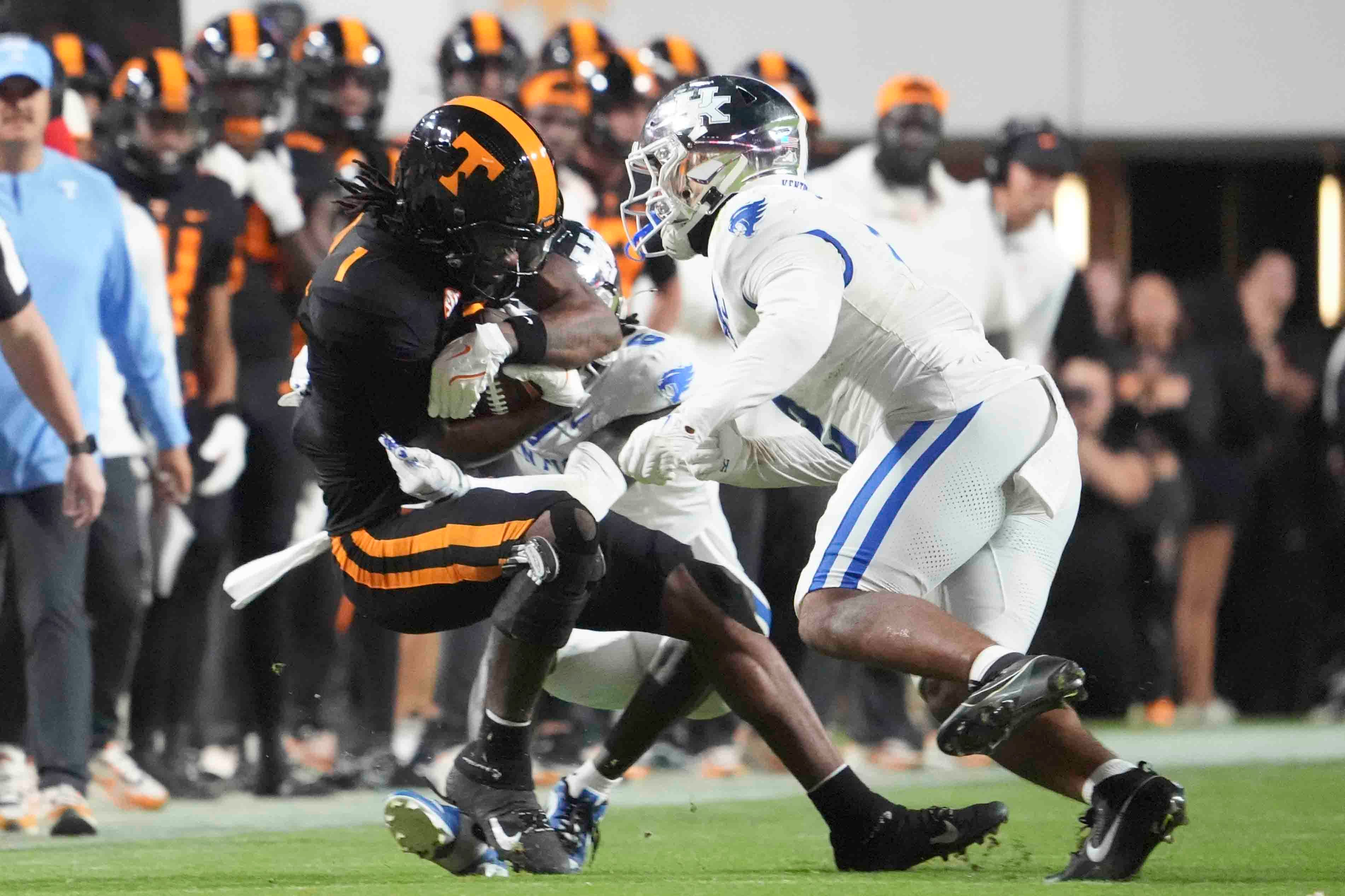 Tennessee wide receiver Dont'e Thornton Jr. (1) is tackled by Kentucky during a game between Tennessee and Kentucky at Neyland Stadium in Knoxville, Tenn., Saturday, Nov. 2, 2024.