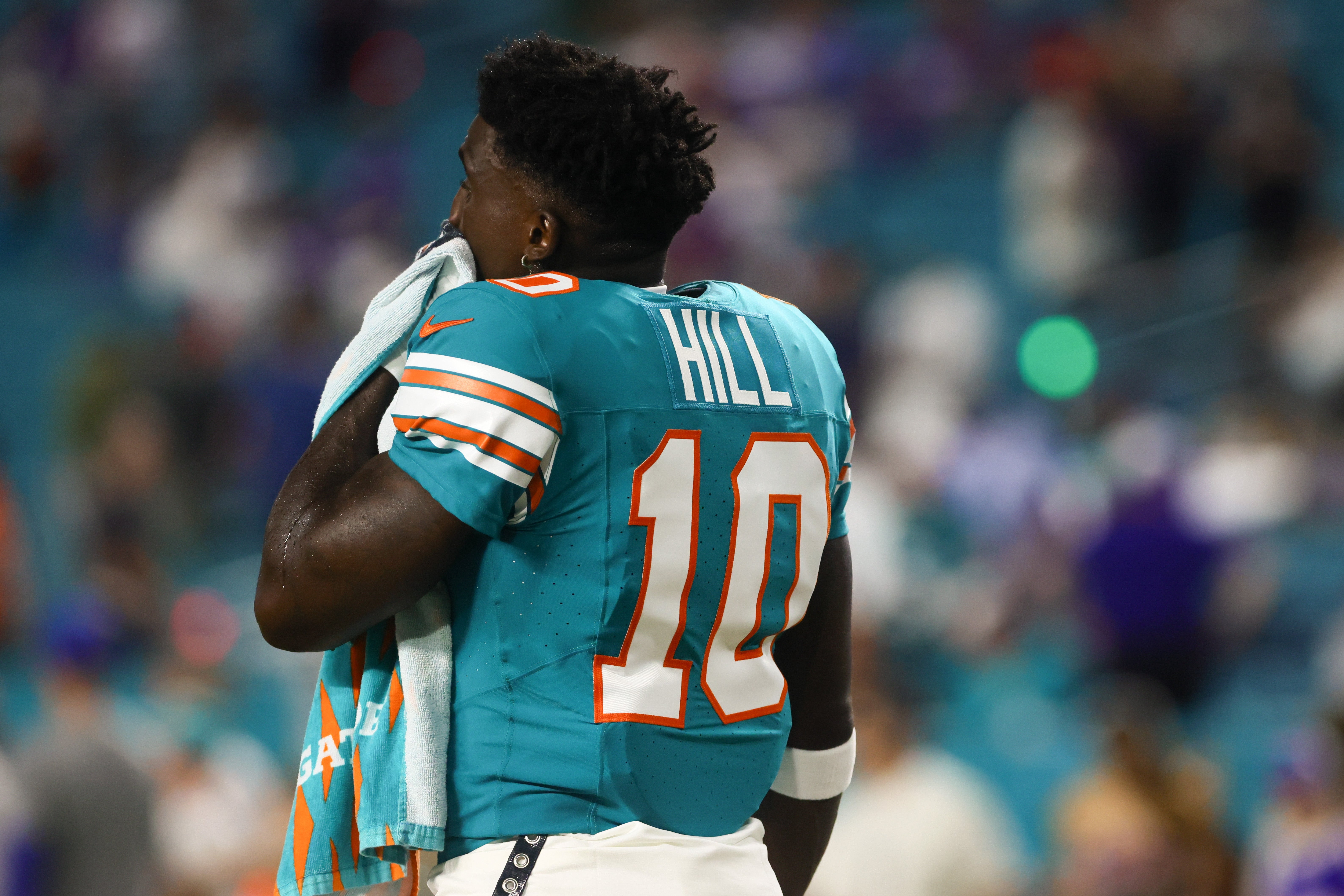 Sep 12, 2024; Miami Gardens, Florida, USA; Miami Dolphins wide receiver Tyreek Hill (10) looks on from the field before the game against the Buffalo Bills at Hard Rock Stadium.